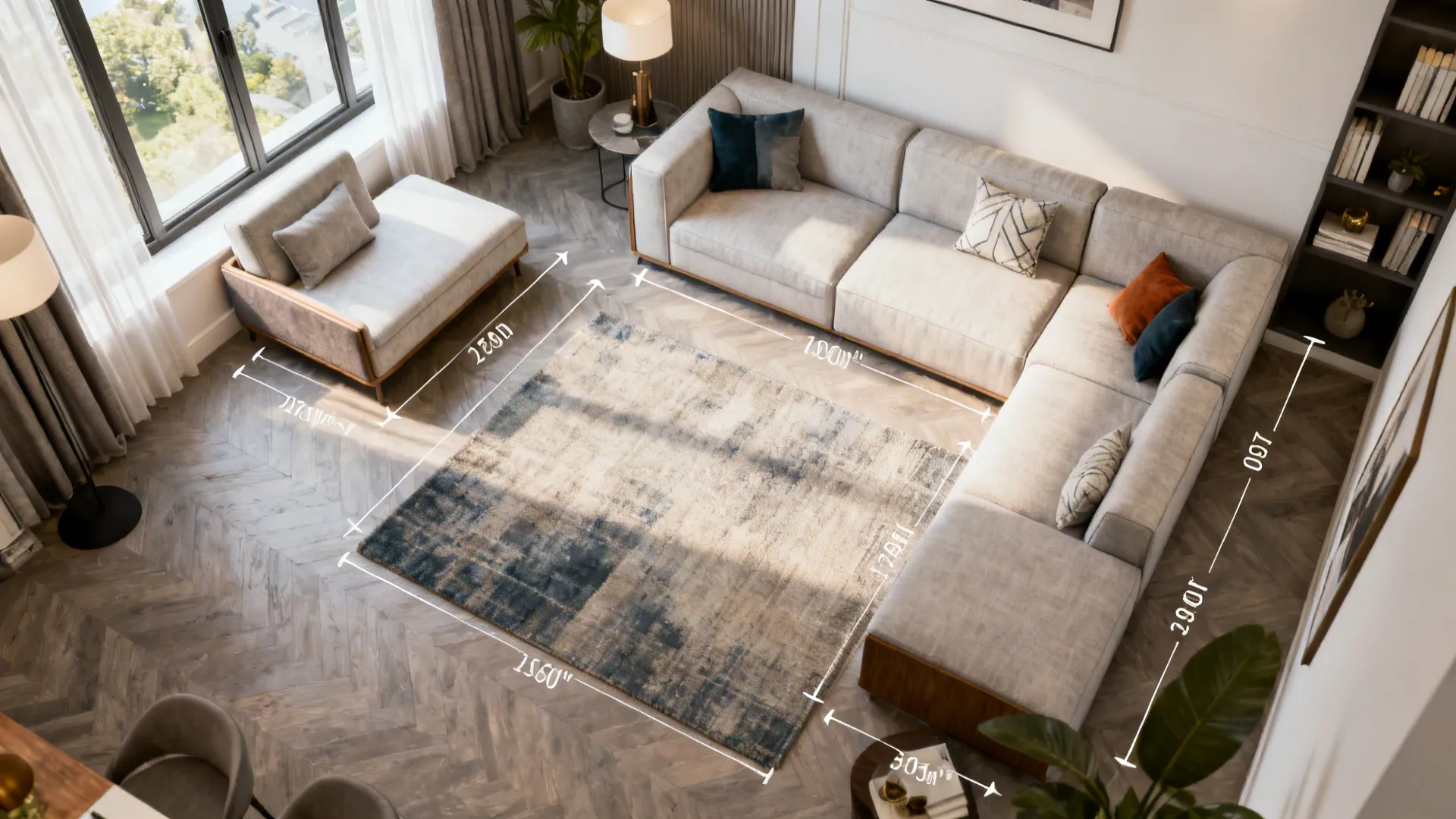 Top-down room planner view showing a modular sectional with the chaise used separately to improve flow.