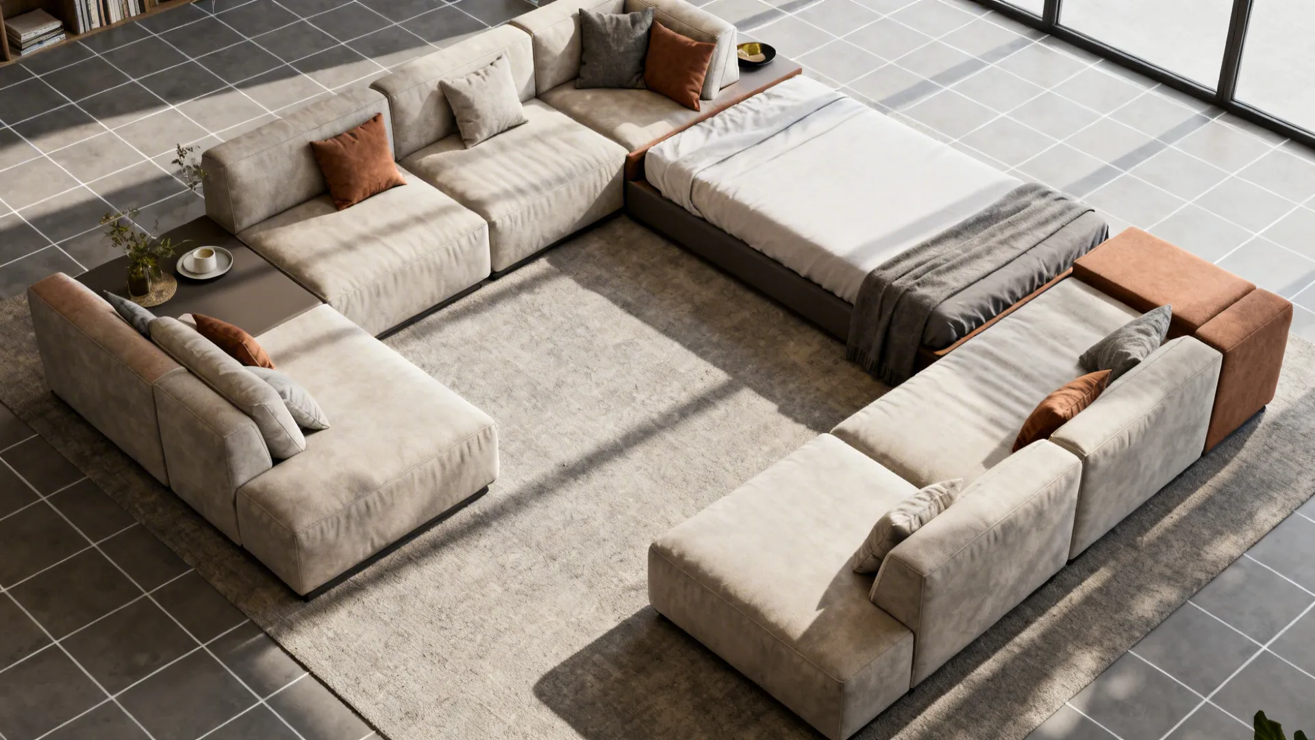 Top-down view of modular sofa pieces and a detachable loveseat arranged in different configurations.