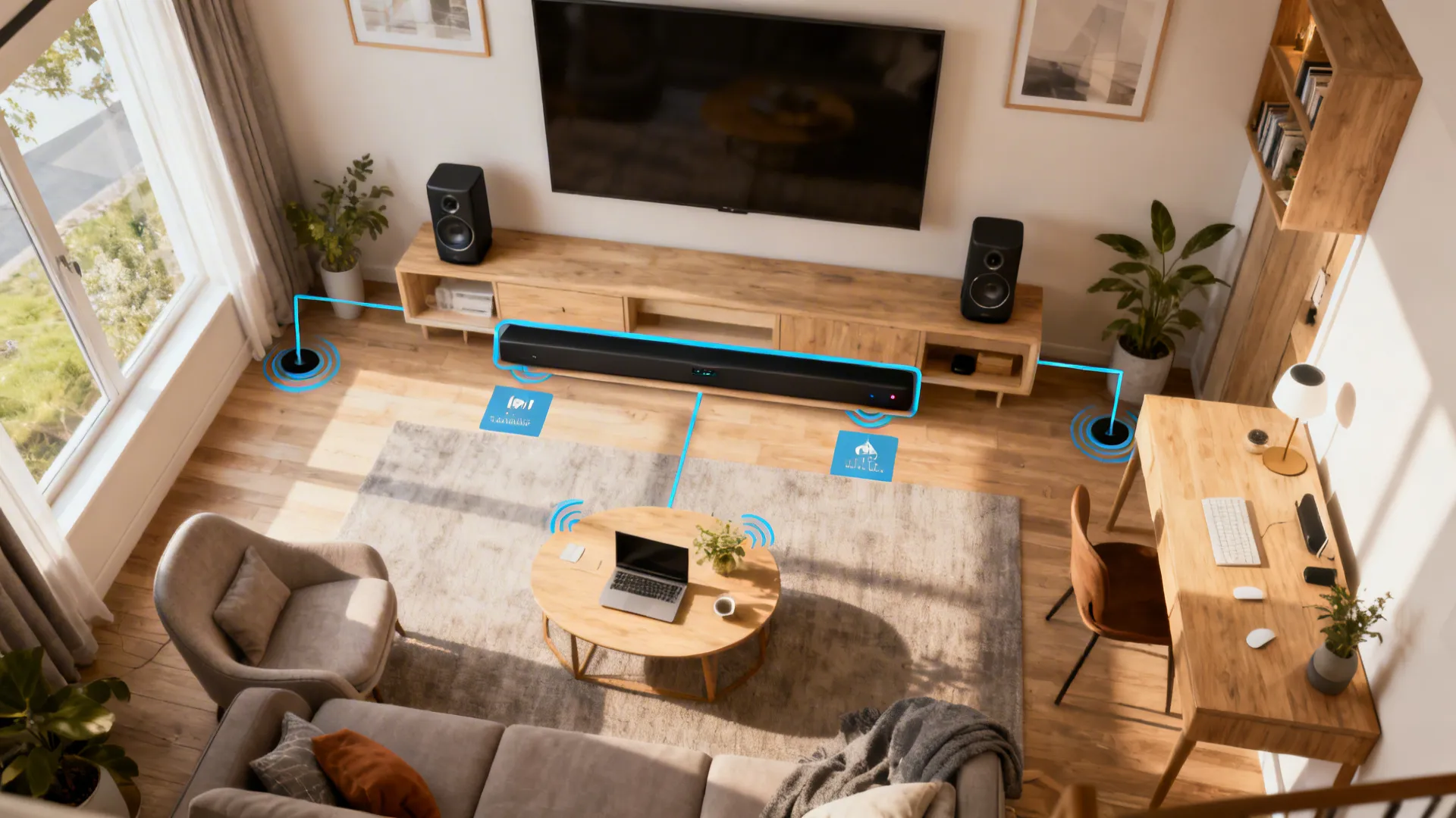 Top-down layout of a tiny loft showing modular soundbar and optional wireless surround speaker positions
