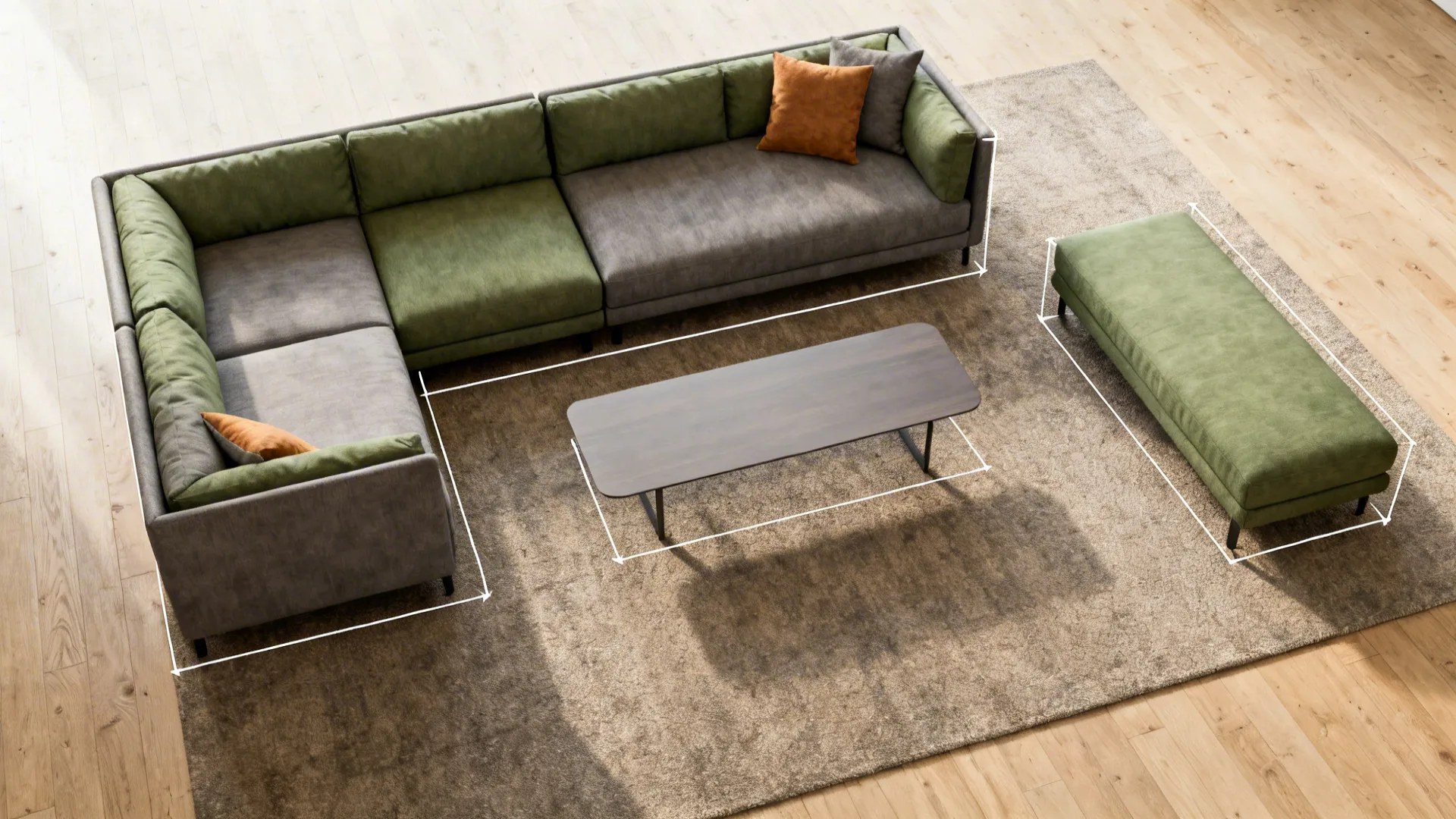 Top-down comparisons of a modular sectional arranged three ways in a small living room