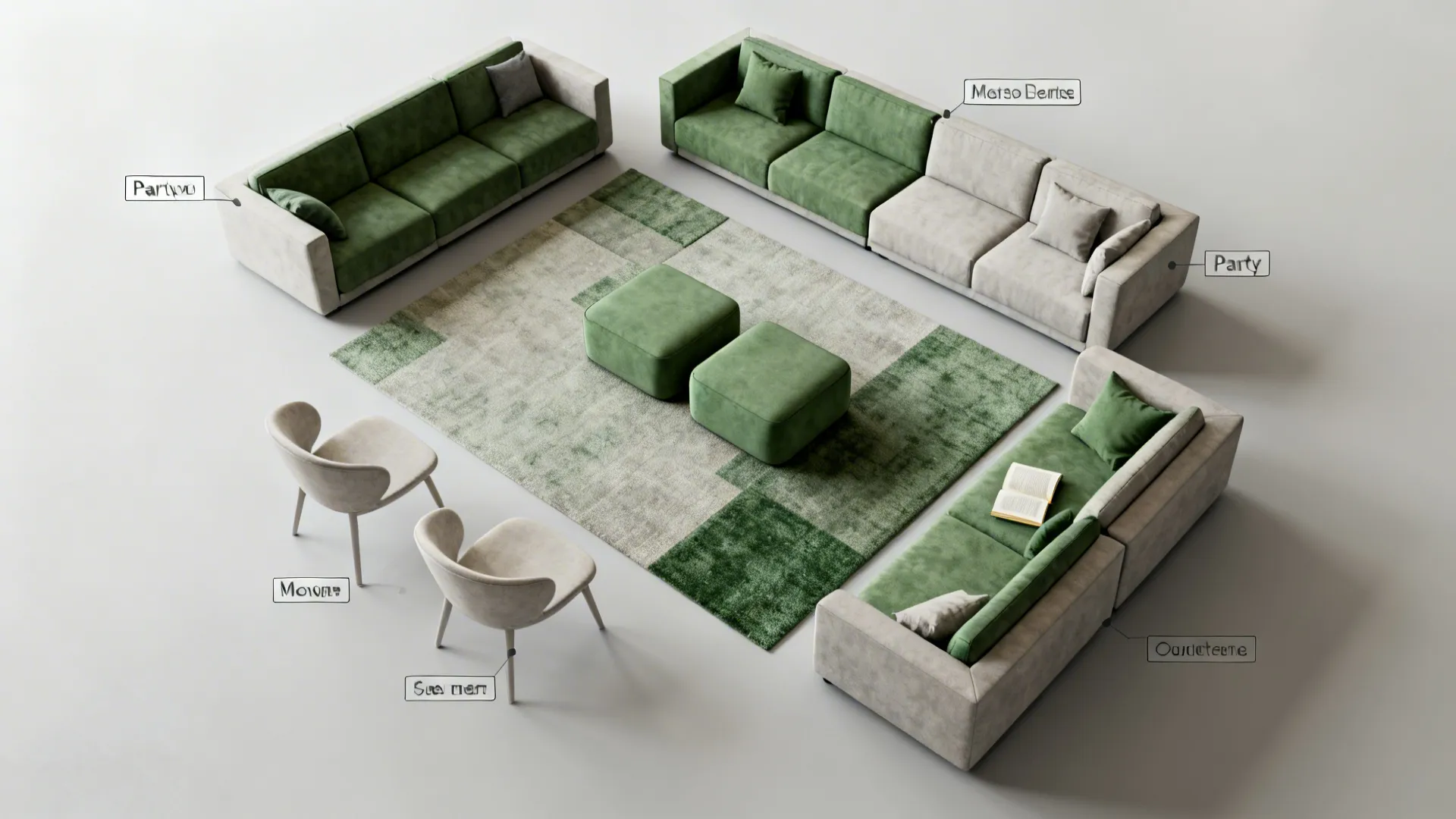 Top-down layouts showing different modular configurations for small living rooms: movie night, party, and quiet setups.