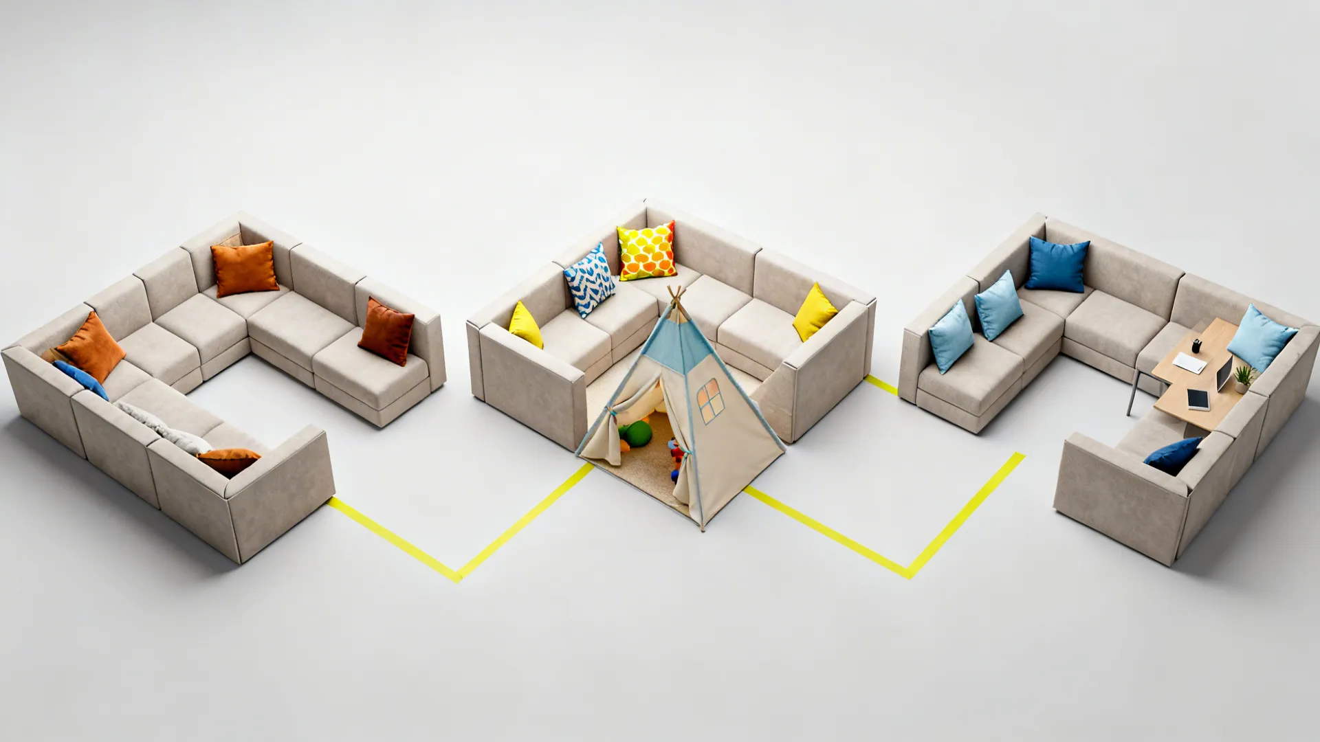Top-down comparison of three modular sectional configurations for different uses in one room.