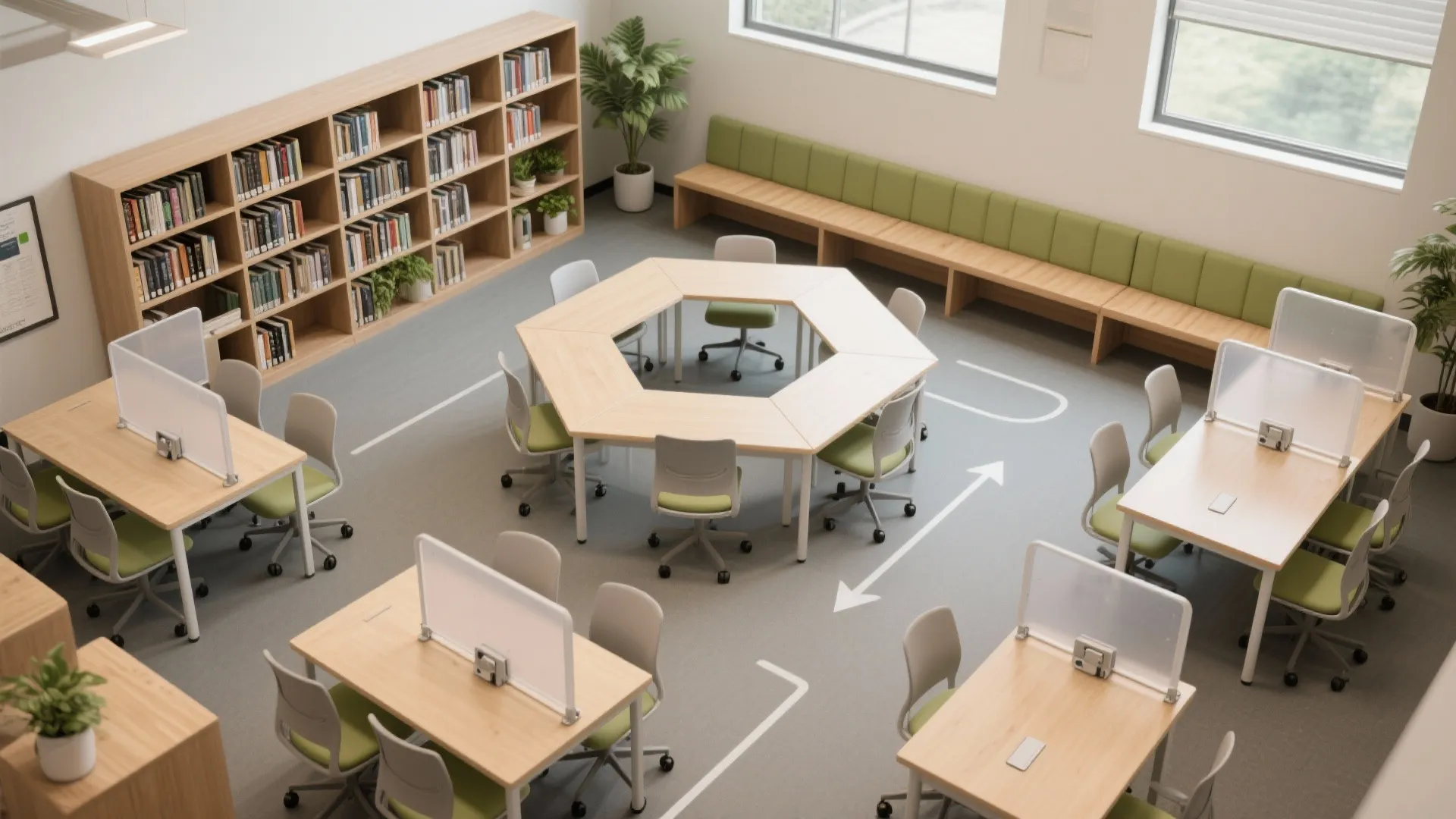Modern office interior with wooden bookshelves green chairs hexagonal tables and bright natural light from windows