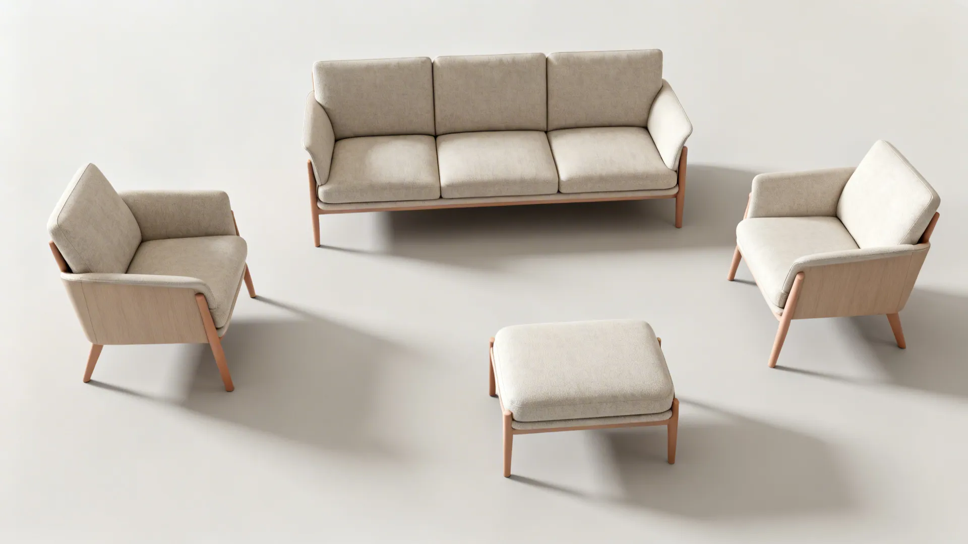 Top-down layouts of modular sofa, ottoman, and side chair in multiple configurations.