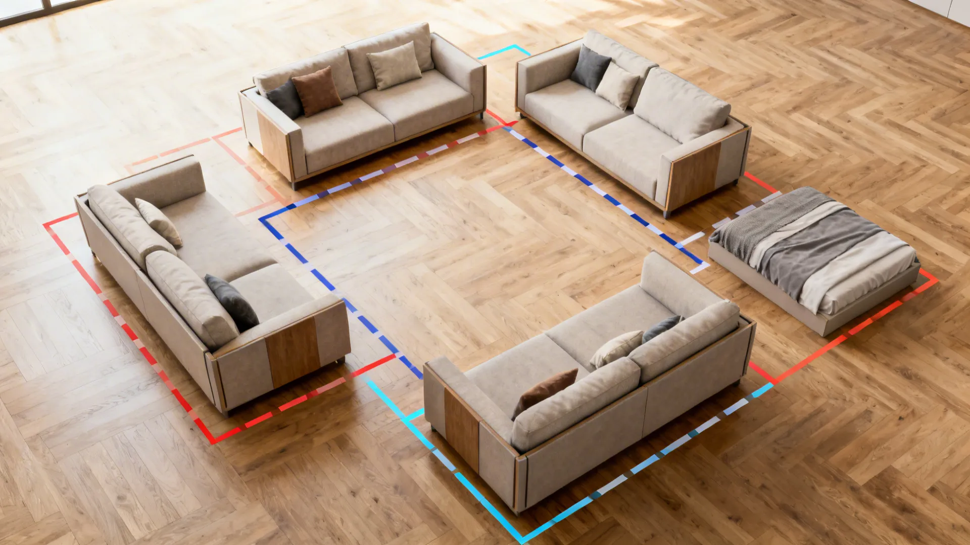 Top-down view showing multiple modular sectional layouts and floor planning
