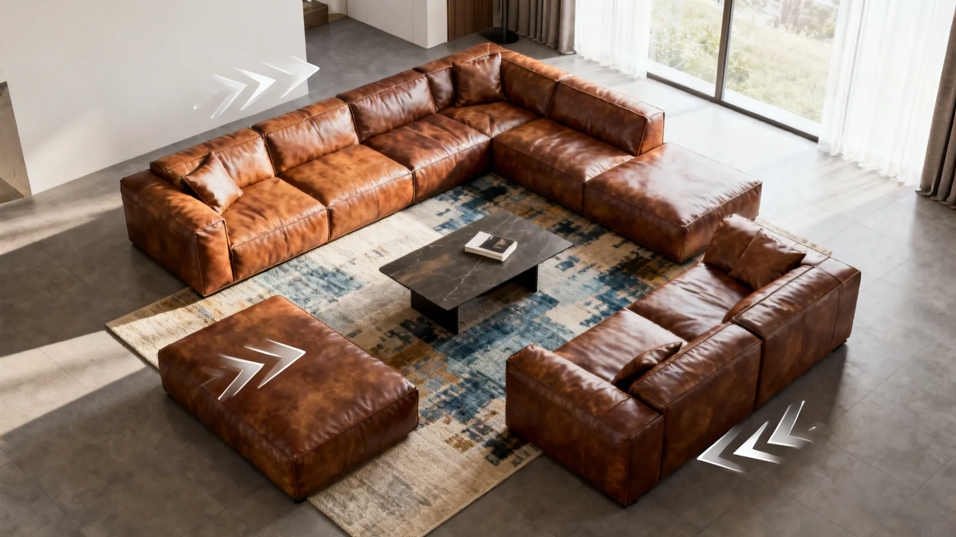 Top-down view of modular leather sofa configured in multiple layouts to demonstrate flexibility in a small living room.