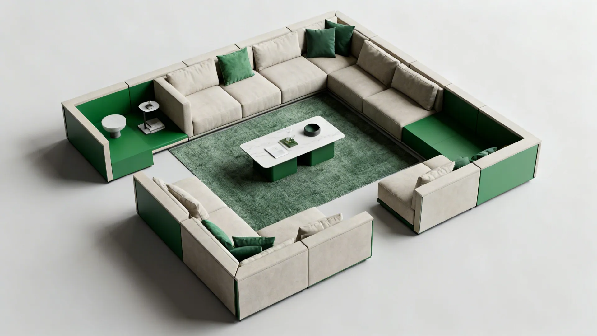 Top-down view of a small living room with modular sectional pieces arranged in multiple configurations.