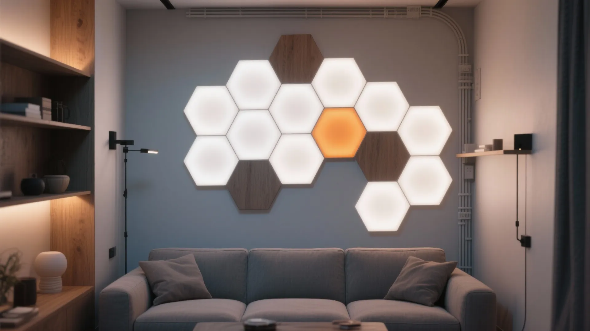 Living room with grey sofa and hexagonal wall lights in white orange and wood colors