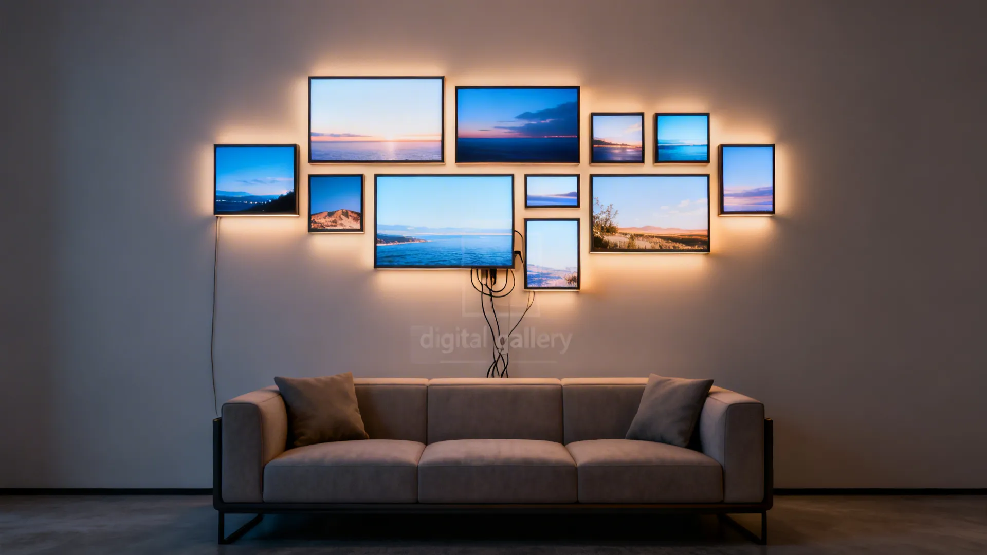 Small lounge wall with modular LED panels arranged like a digital gallery over a compact sofa.