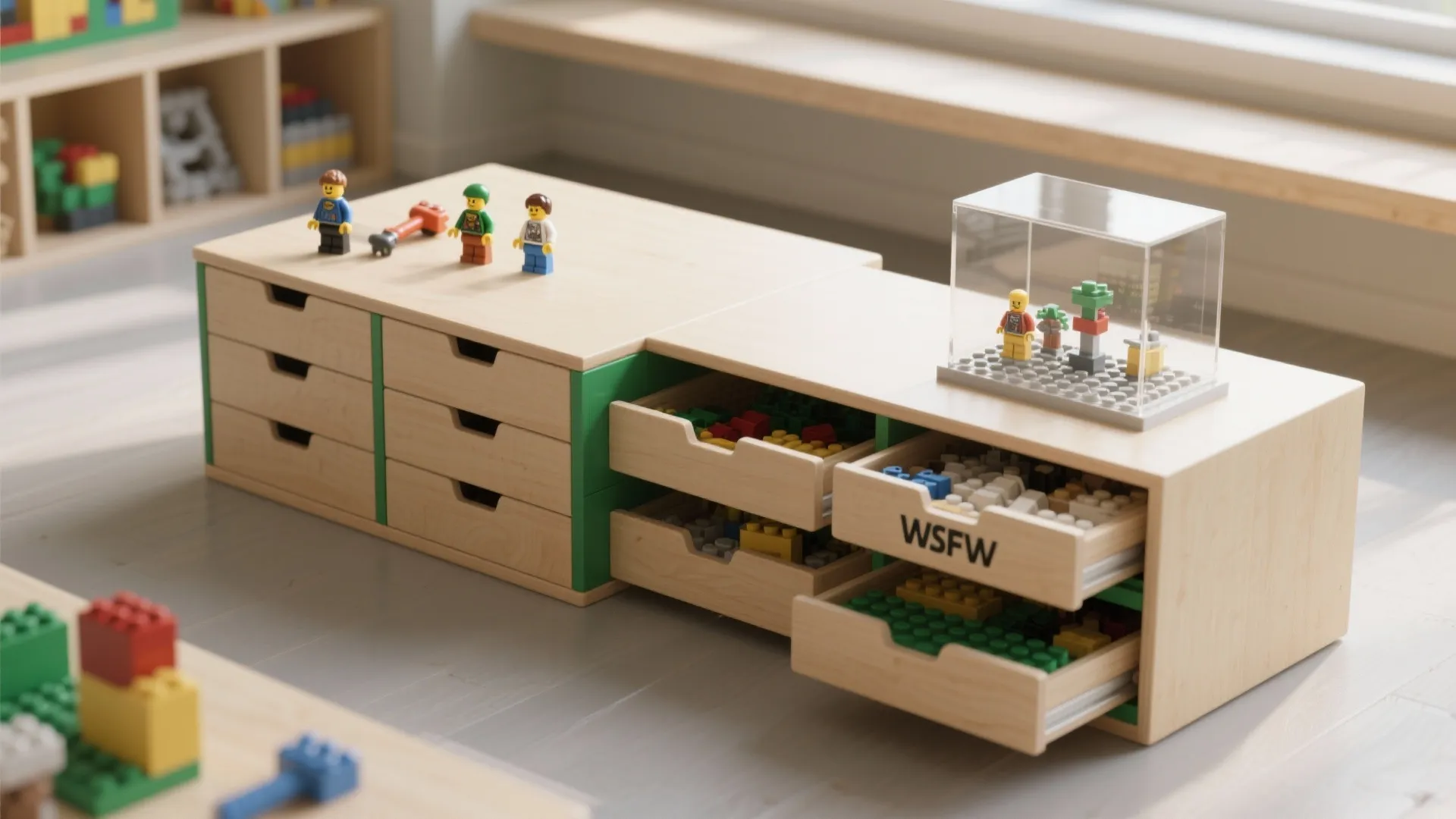 Light wood storage cabinet with green trim and open drawers containing colorful toy building blocks