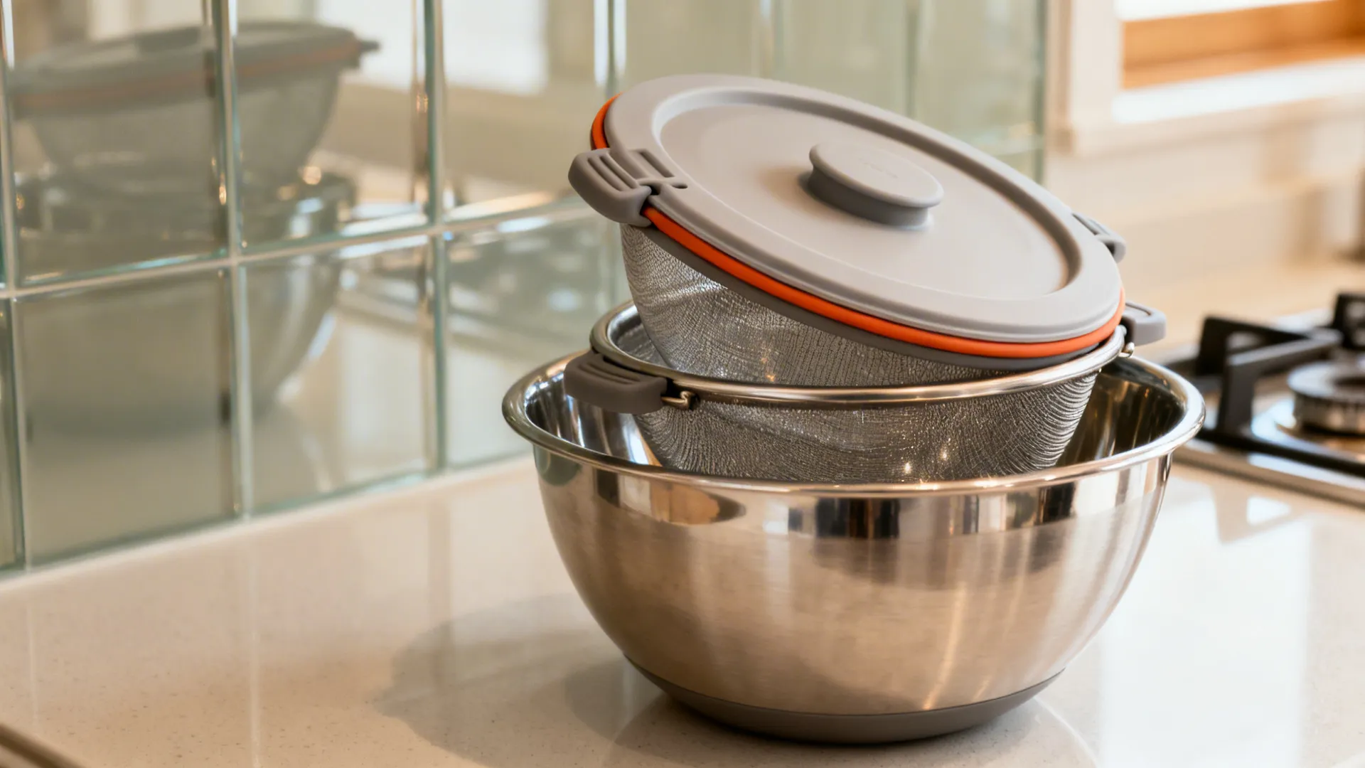 Stainless steel bowl with a mesh strainer and grey lid placed on a kitchen counter