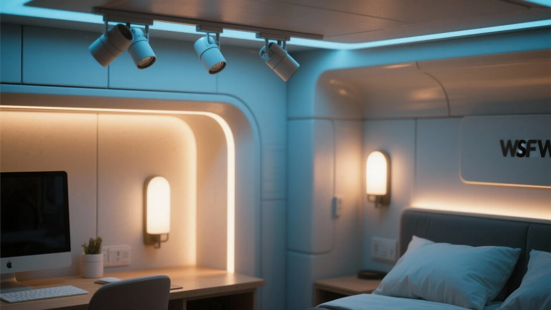 Modern bedroom featuring blue ceiling lights over a desk and warm wall lights beside bed