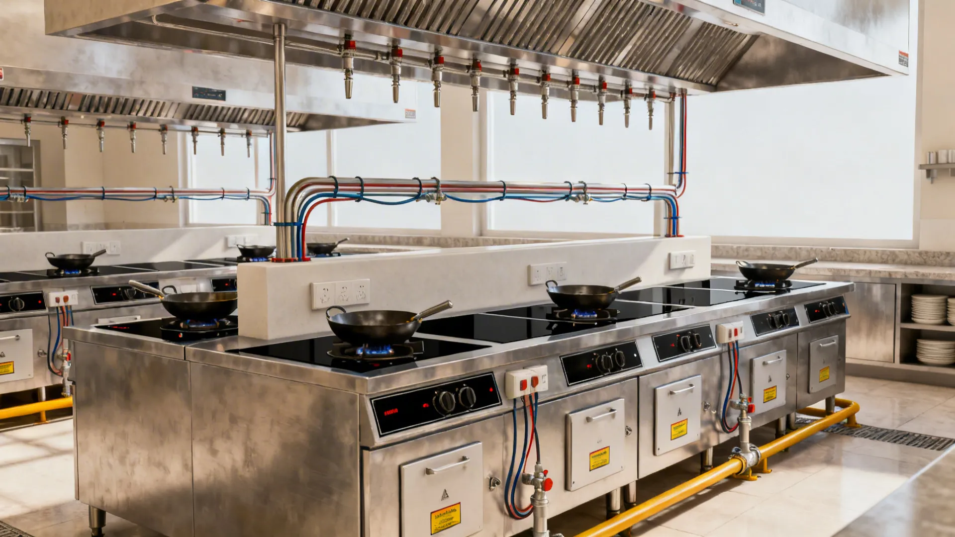Modular cook line with induction and gas on a service spine under a hood with suppression.