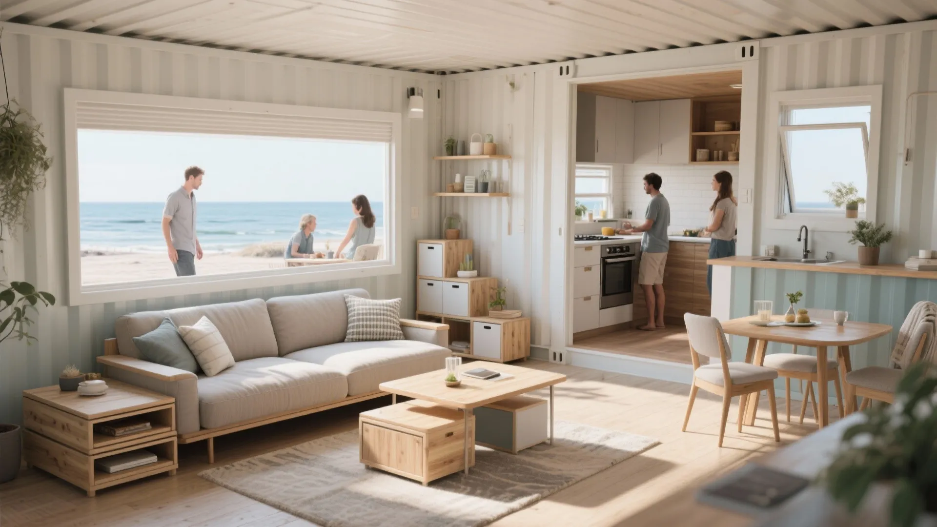 Container living area with stackable multifunctional sofa and nesting tables converted into a dining set.