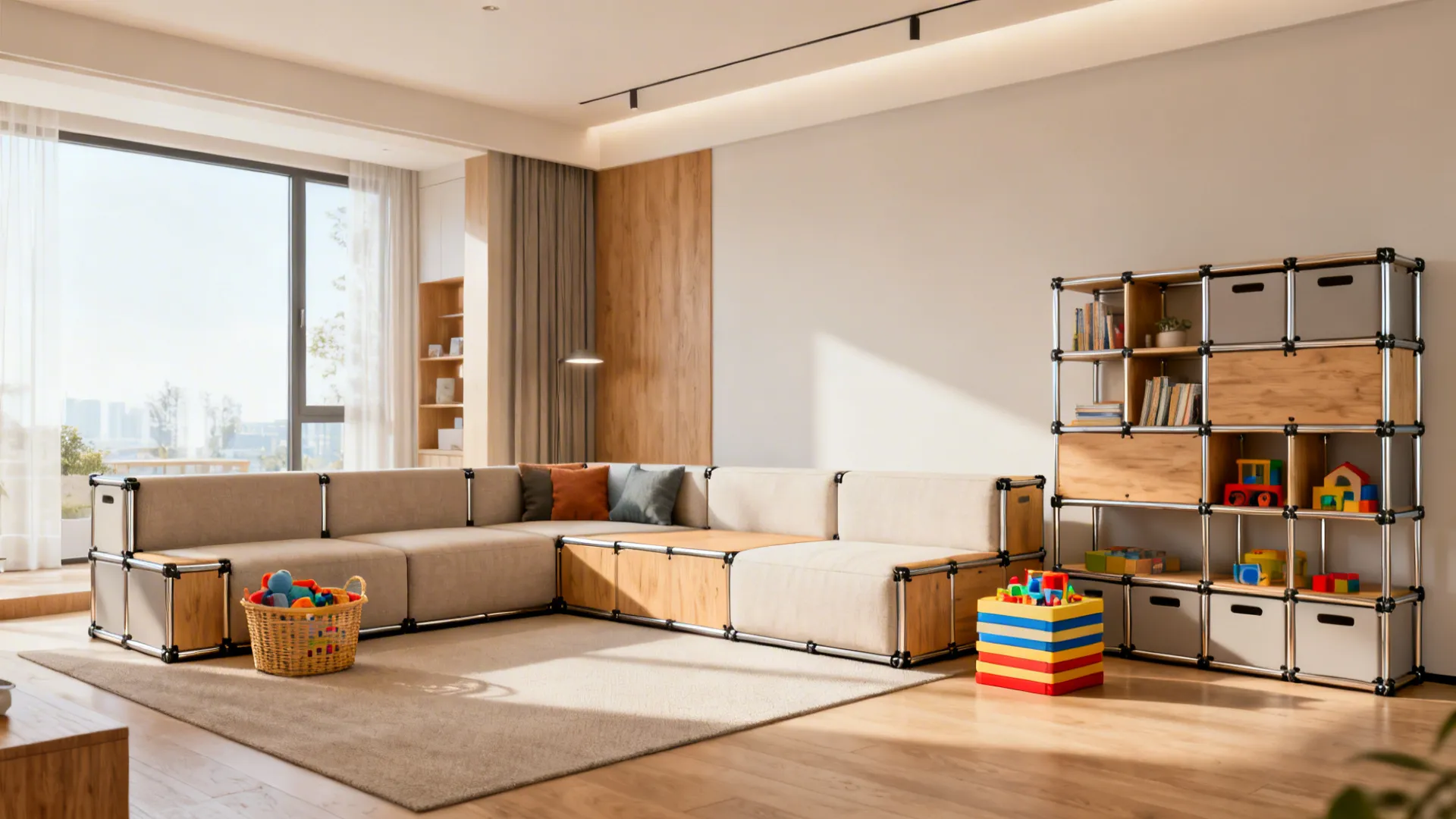 Living room with modular sofa and configurable shelving, showing interchangeable sections and connectors.