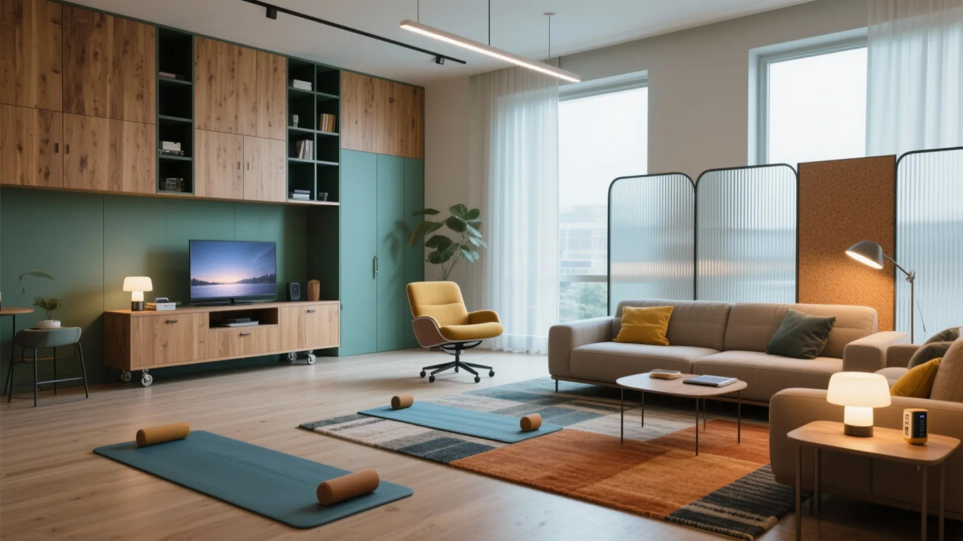 Modern modular living room with green cabinets wooden furniture yellow chair sofa and yoga mats