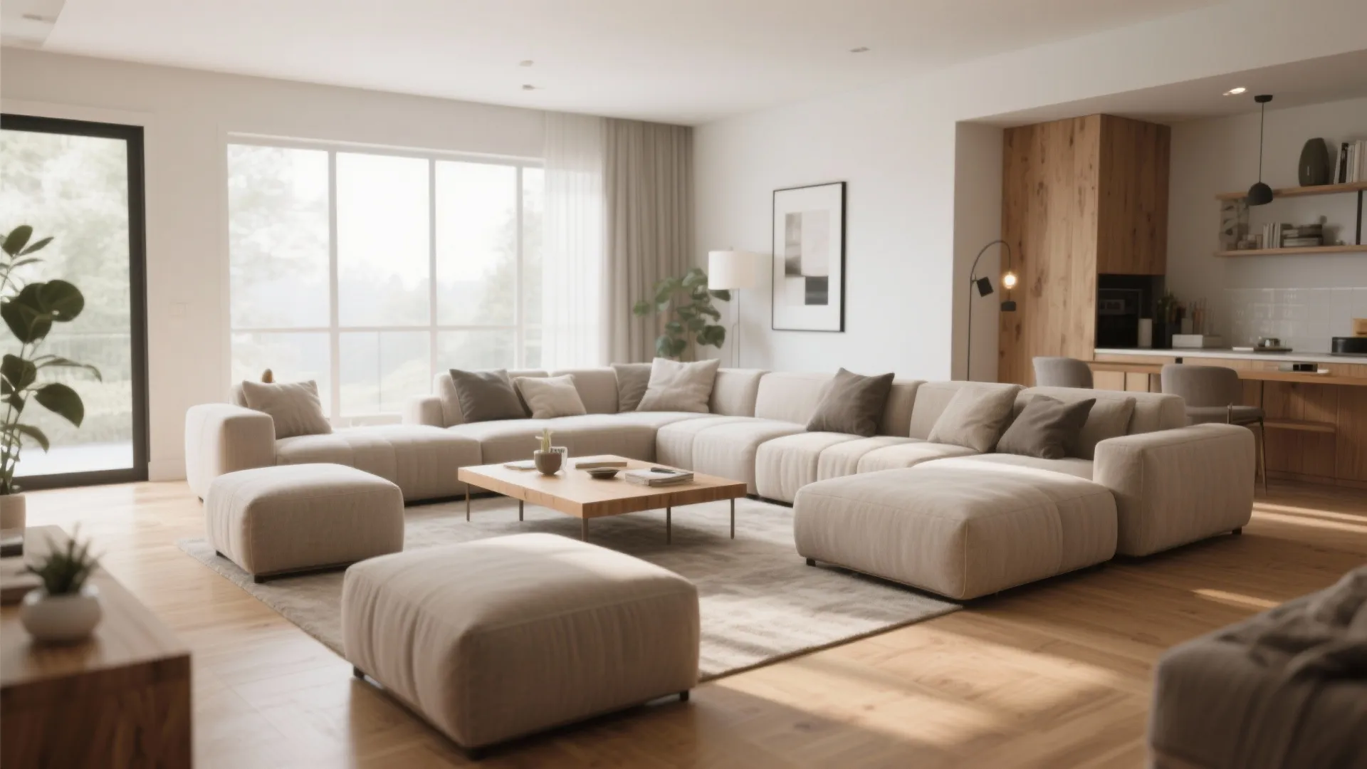 Large modular sofa in open living room with wooden coffee table and kitchen in background