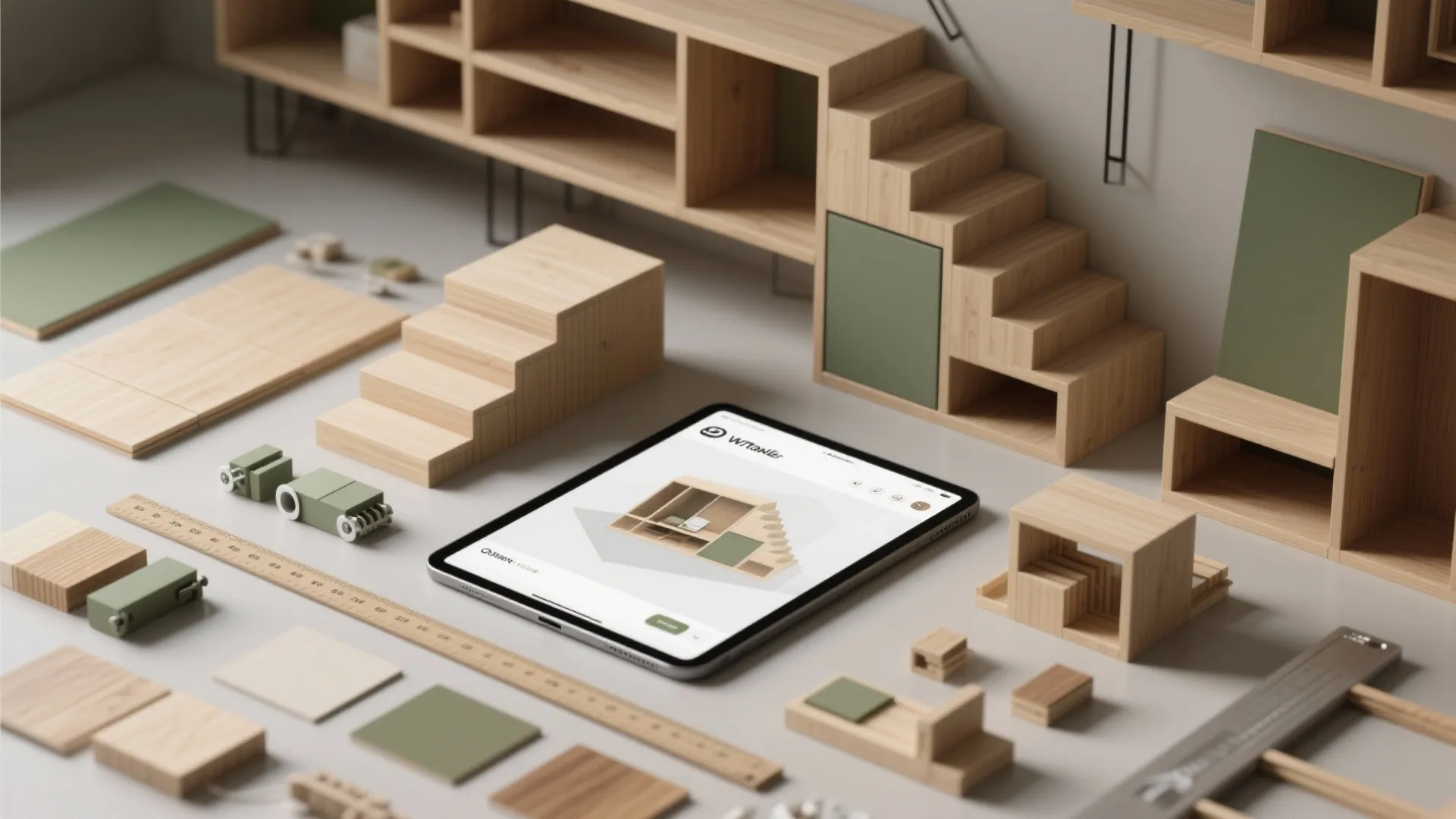 Interior design drawing on a tablet surrounded by wooden furniture pieces and many small tools