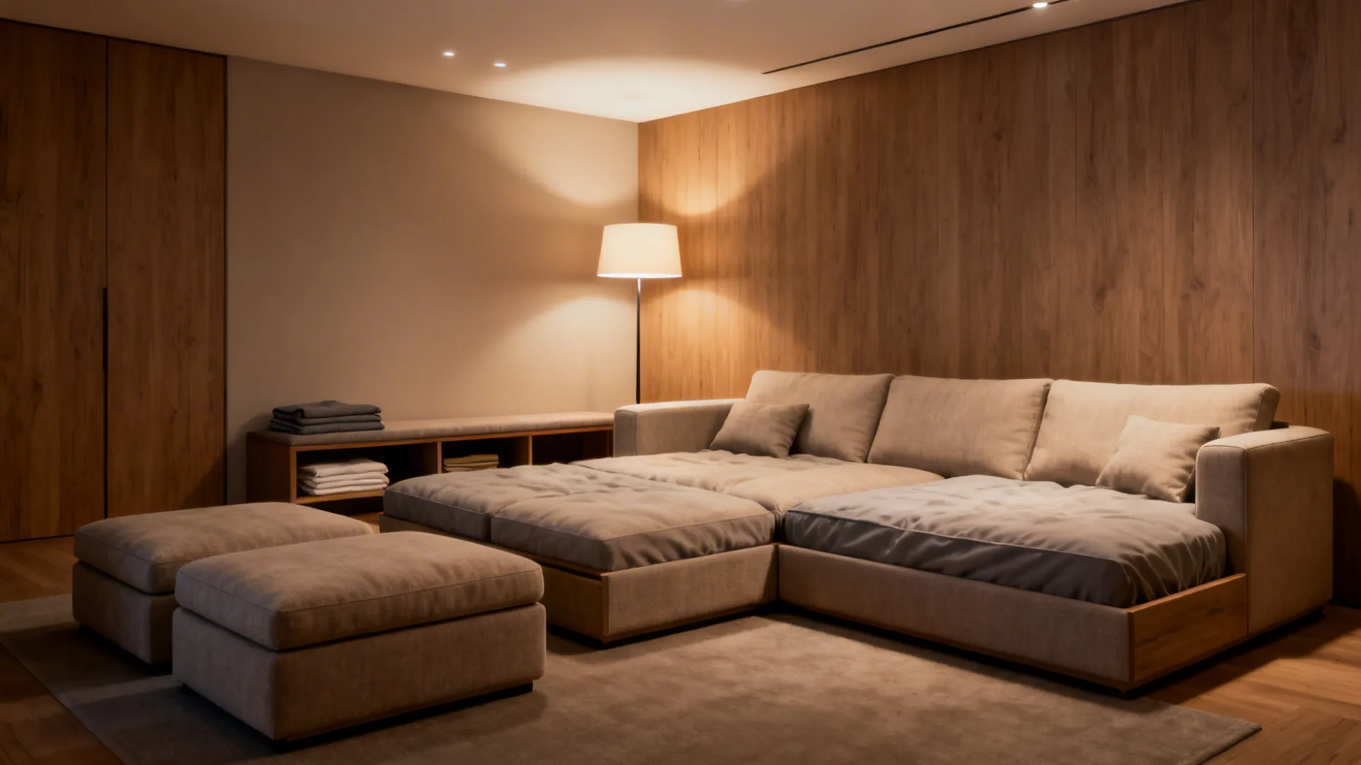 Large modular sofa in a room with wood wall panels floor lamp and two soft footrests