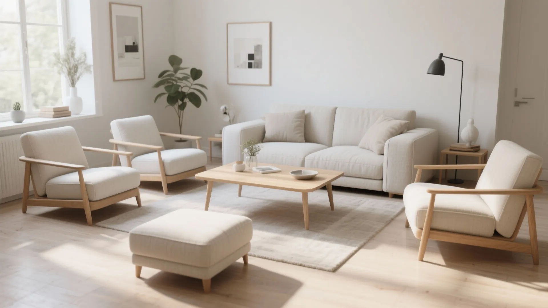 Bright living room with beige sofa three matching chairs wooden coffee table and one footrest