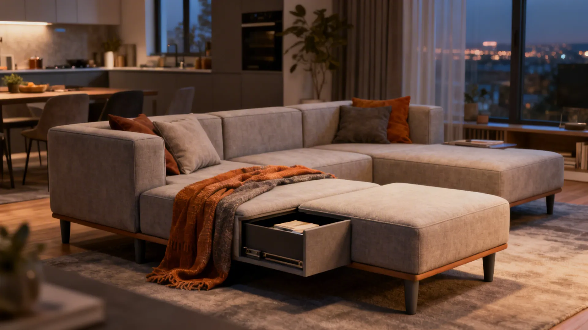 Small living room with a modular sofa configured as a lounger, coordinated low legs and storage ottoman.
