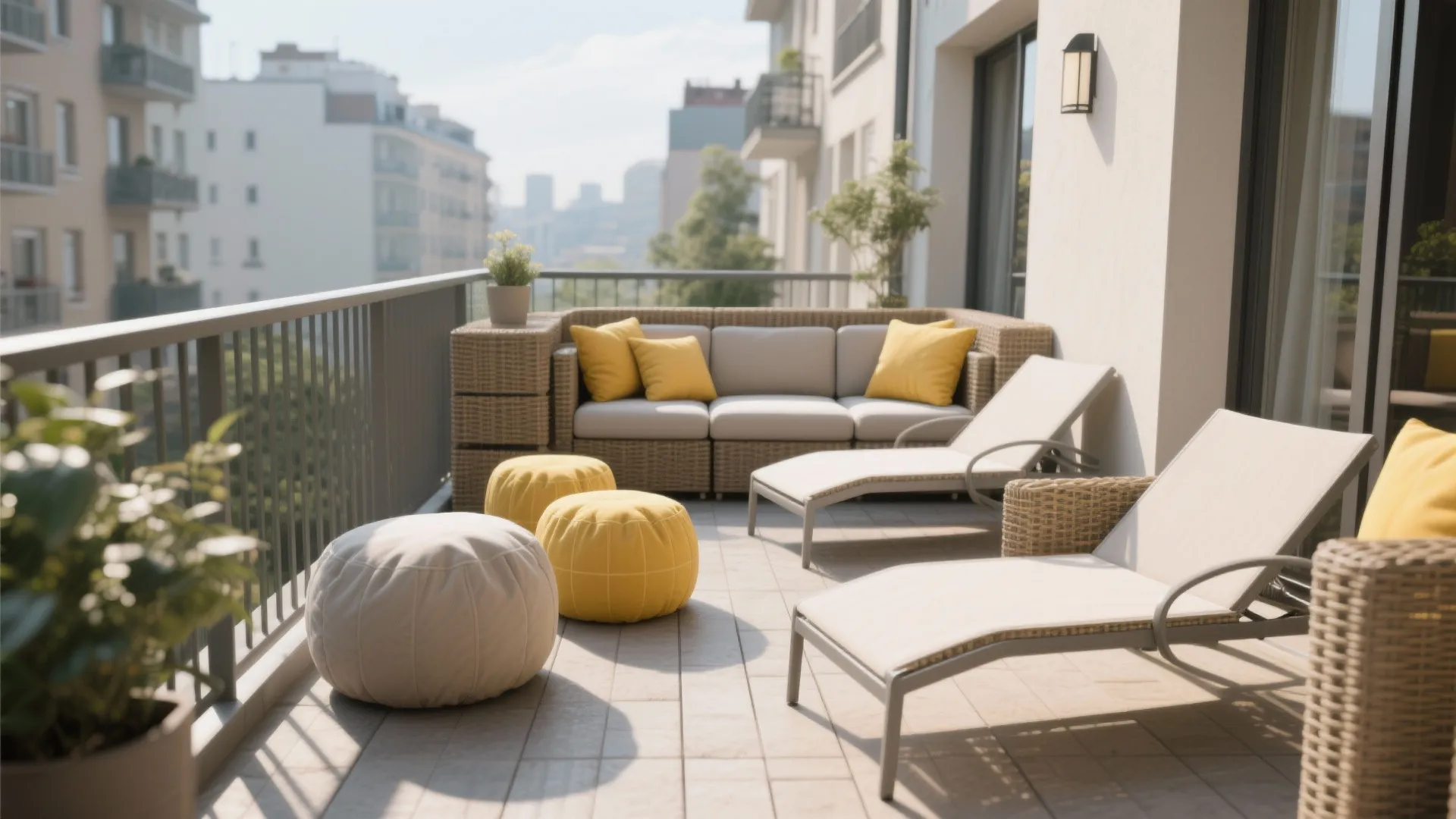 Modular poufs and a lightweight lounger arranged on a tiny balcony for flexible seating
