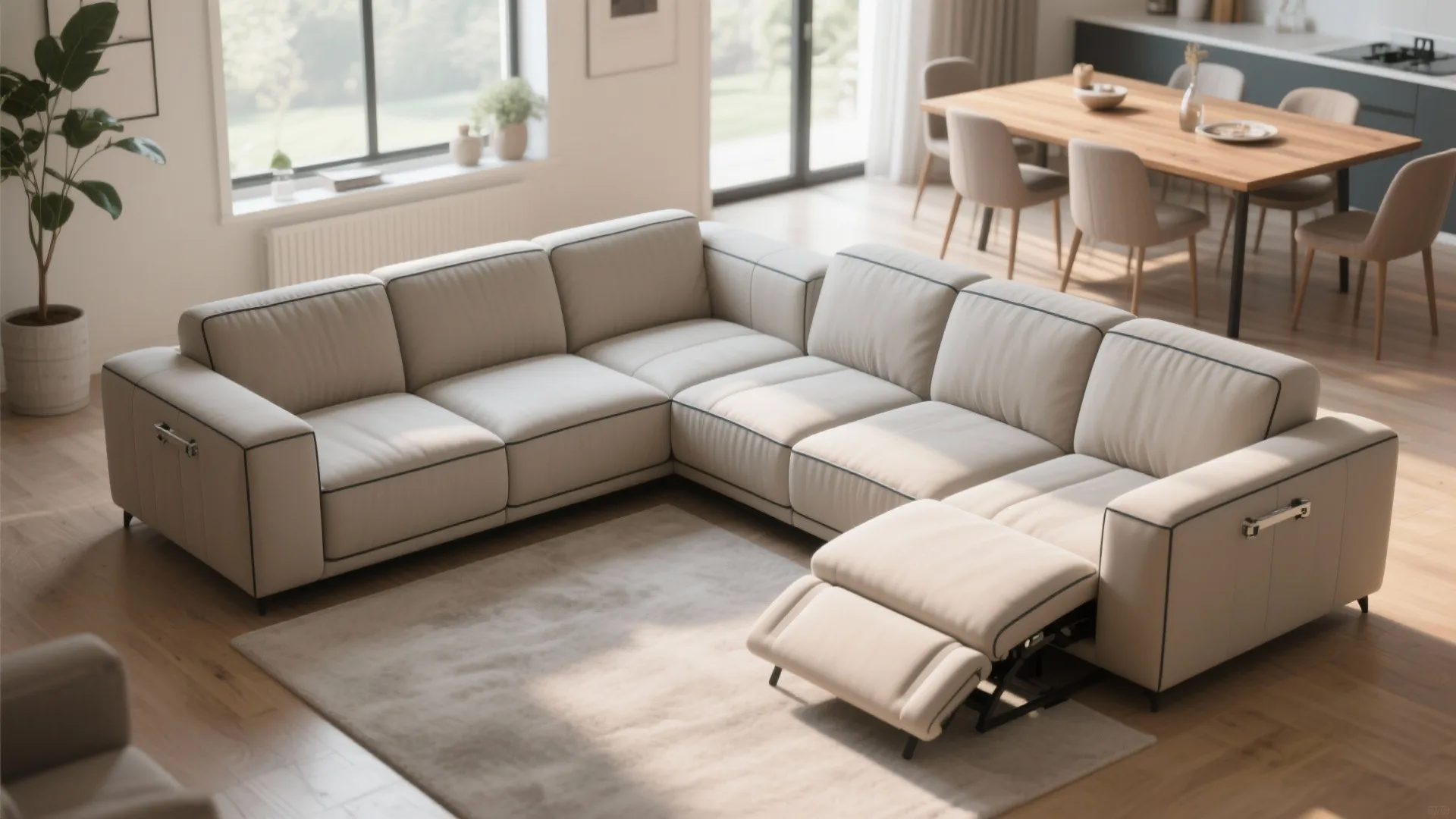 Large beige modular corner sofa with a recliner section in a bright modern living room