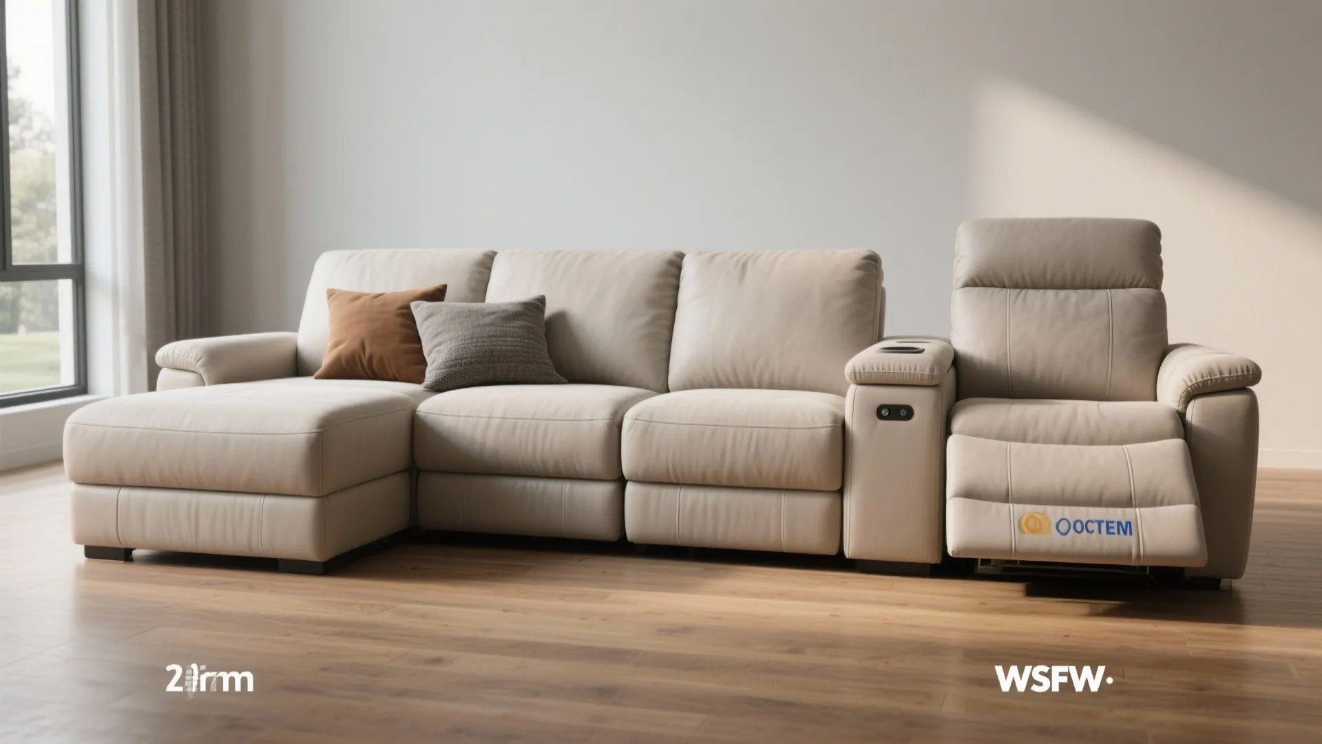 Large cream leather sectional sofa with recliner seat and cushions in a minimalist living room