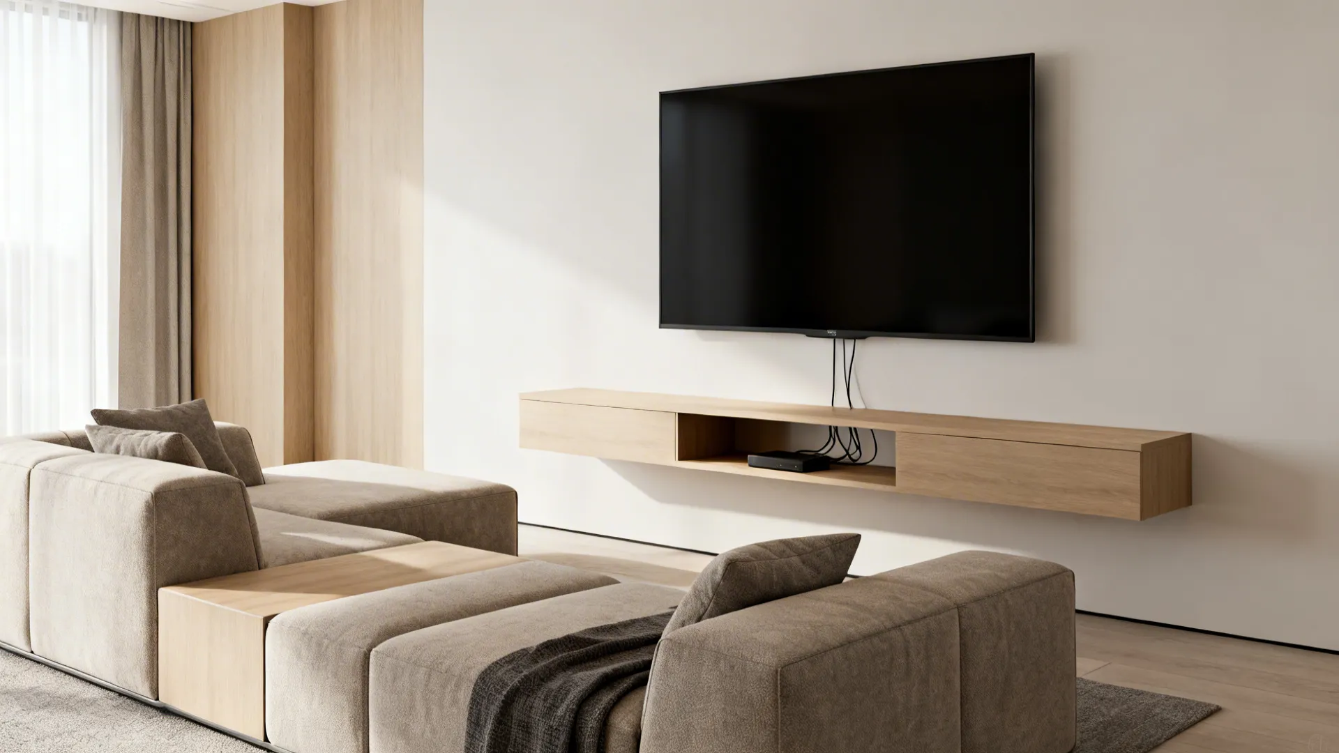 Modular loveseat next to a floating media unit and slim console in a compact living room.