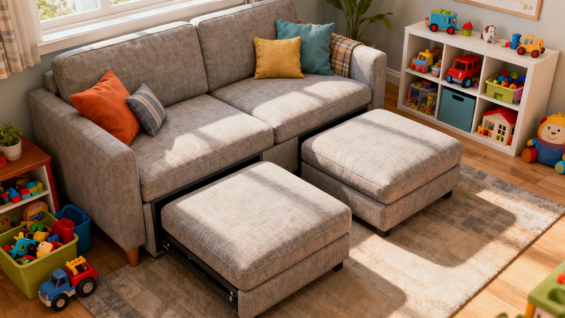 Modular loveseat with two ottomans arranged for seating and footrests in a compact living room.