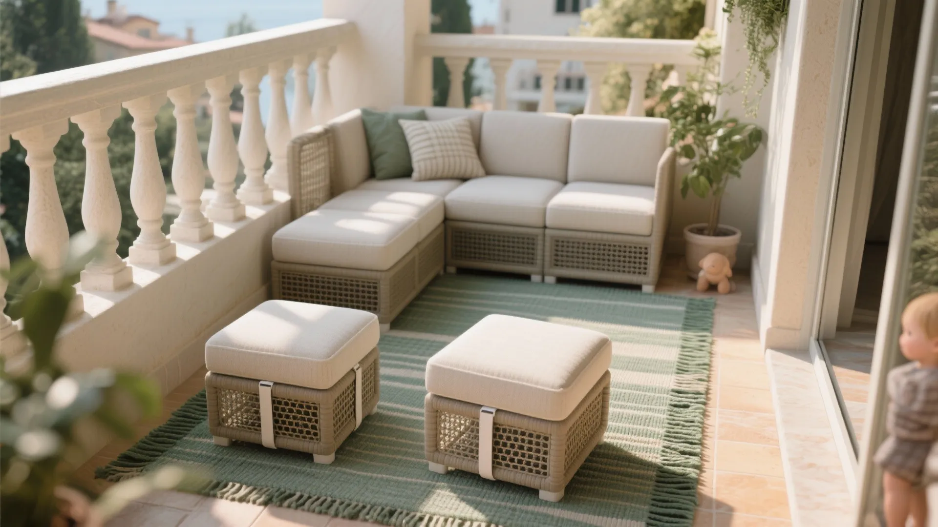 Modular low seating with outdoor rug