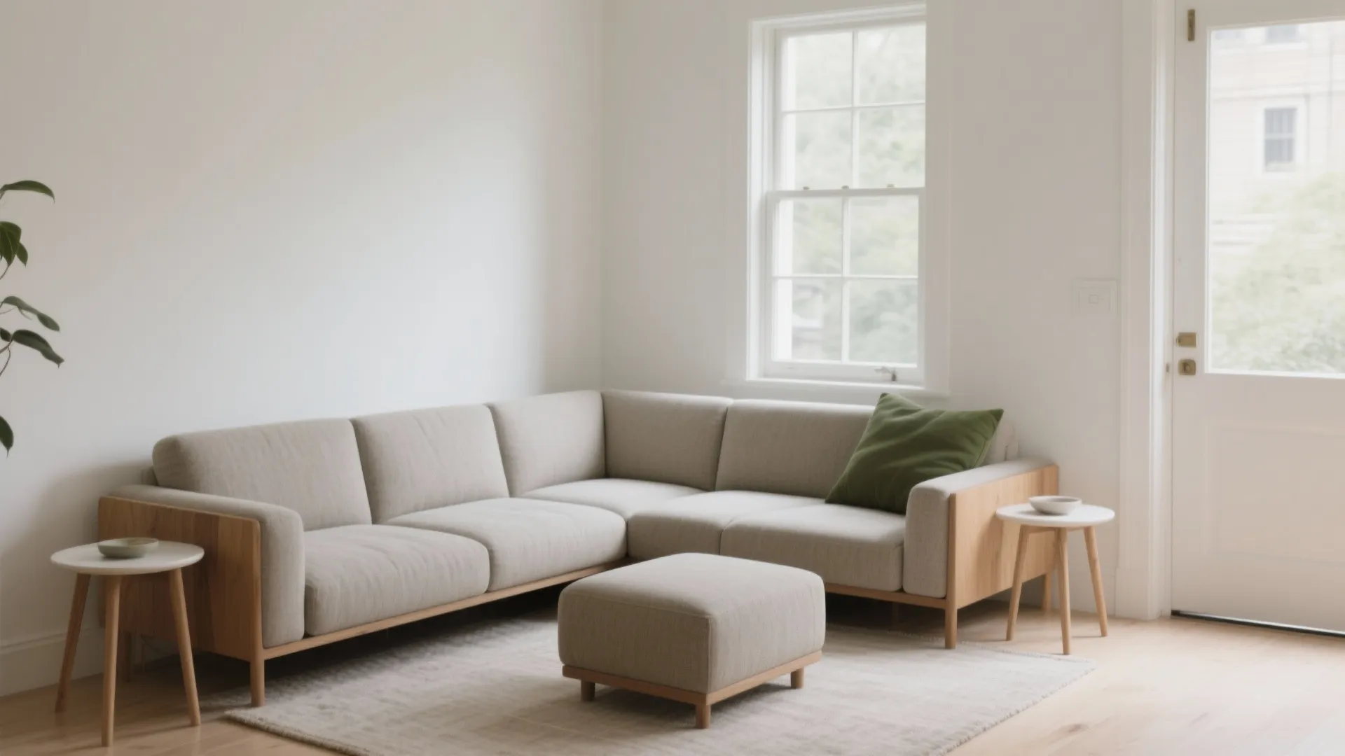 Minimalist living room featuring a beige corner sofa, footrest, side tables, window, and white door
