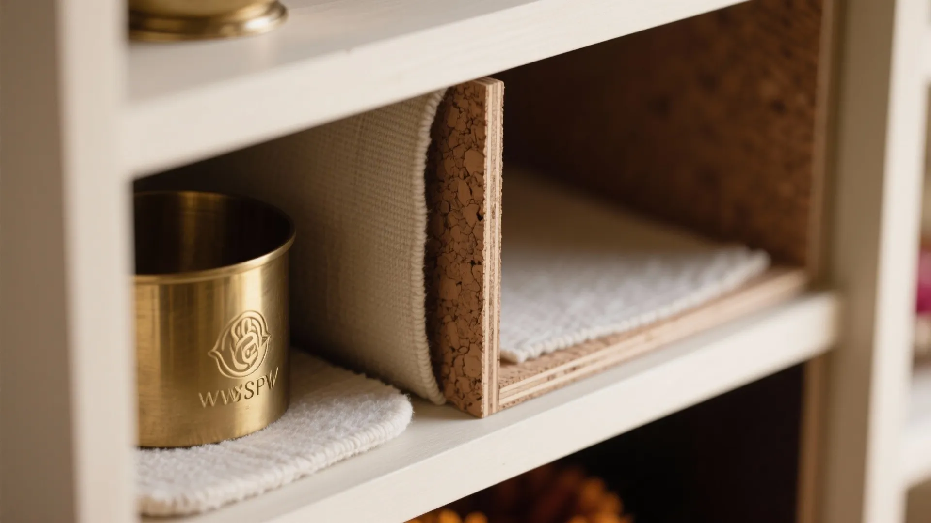 Macro view of cotton-wrapped dividers with felt pads and a brass container inside a pooja basket.