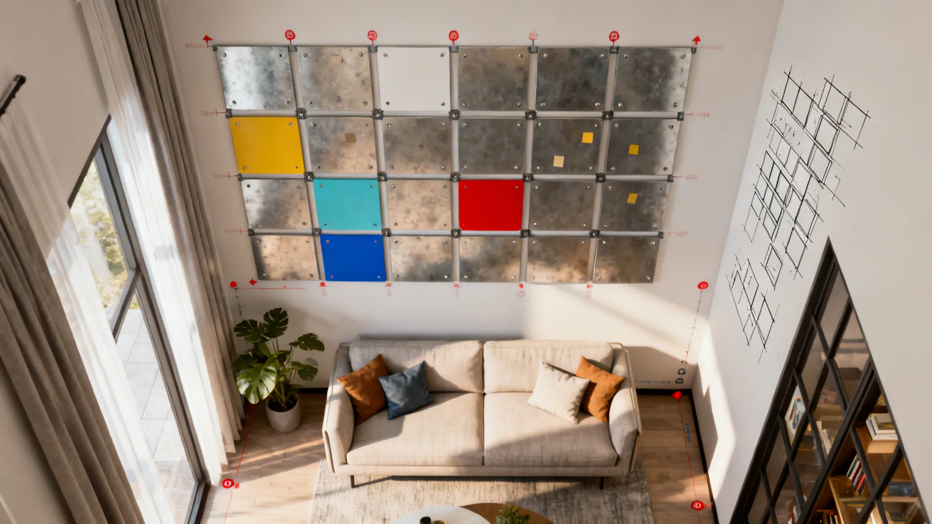Top-down layout of a narrow living room showing modular magnetic metal panels in a configurable grid.