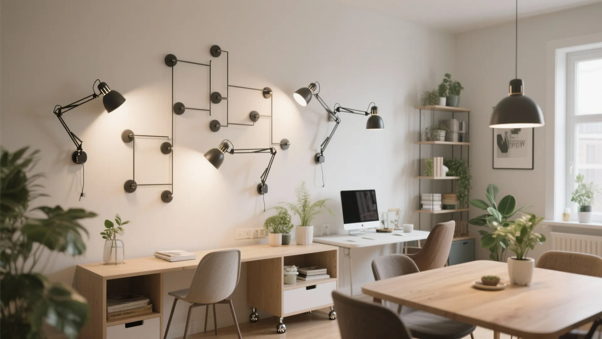 Modern home office setup with black wall lights wooden desks plants and a white monitor