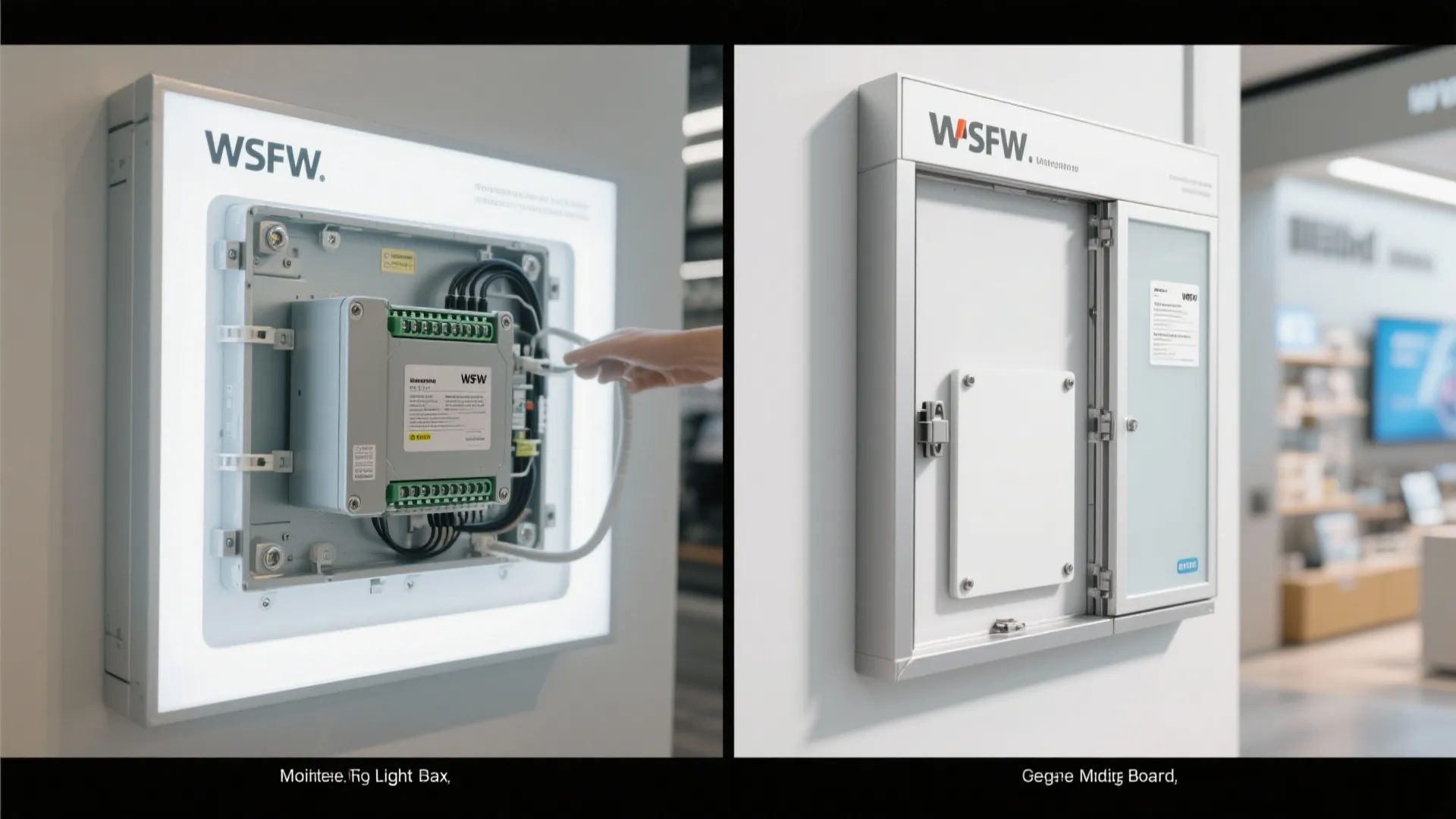 Comparison of an open wall cabinet showing electrical wiring next to a closed white cabinet