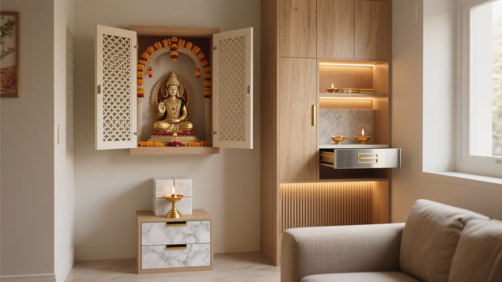 Wall mounted wooden cabinet housing a golden statue with flowers beside a tall wooden storage unit