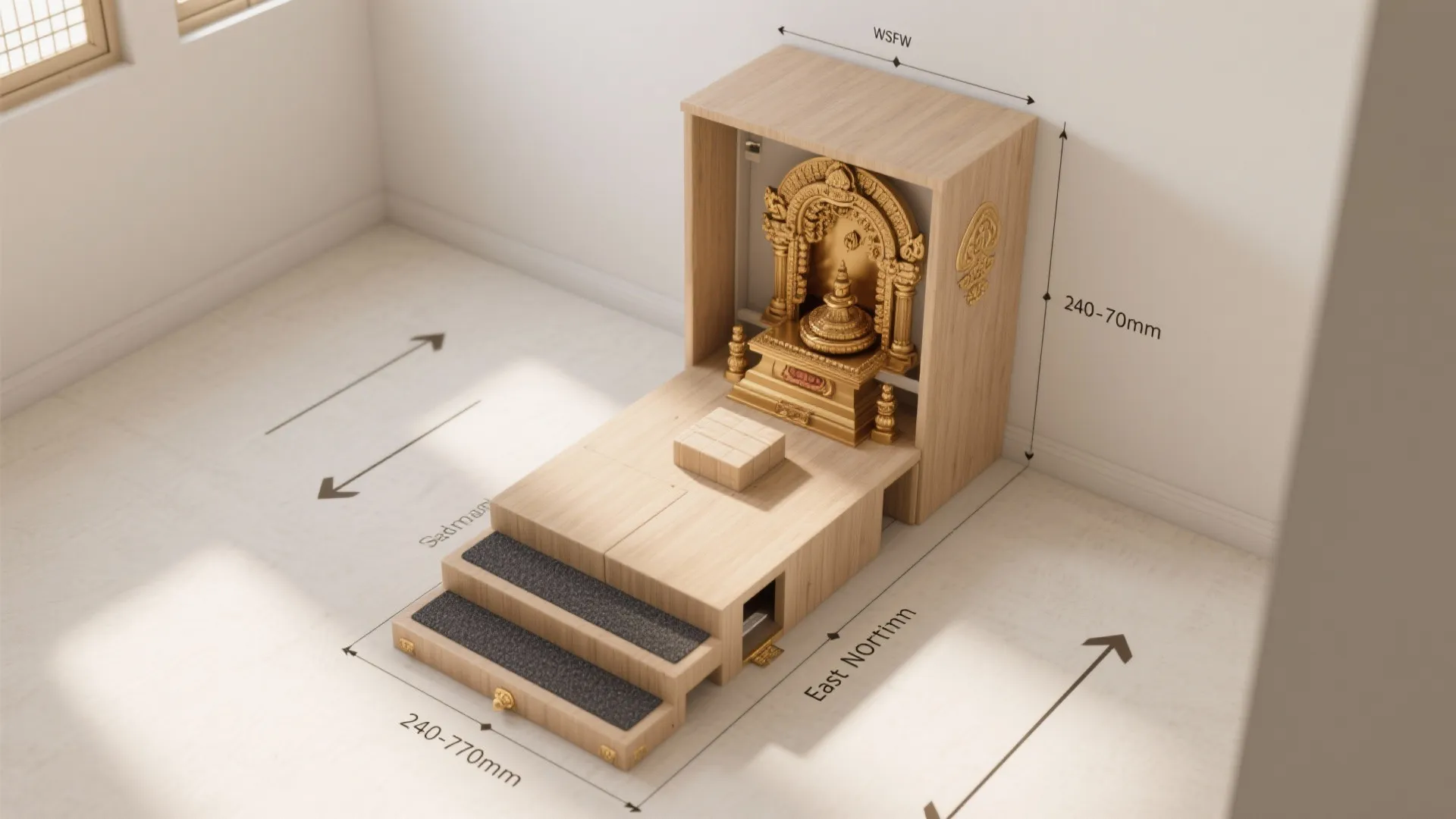 Wooden prayer unit with gold statue inside showing size dimensions in a bright white room