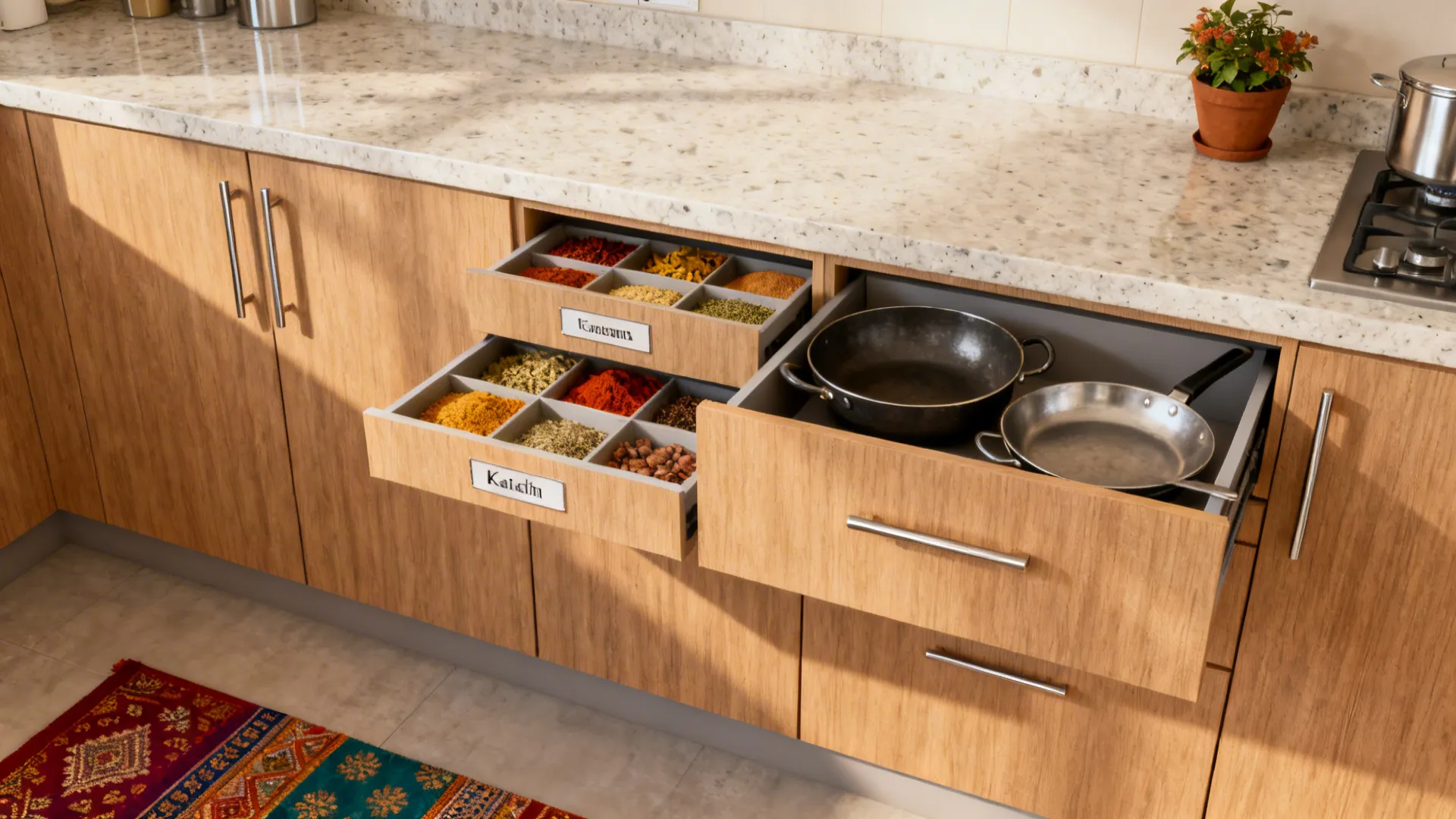 Modular Indian kitchen with deep drawers and pull-out spice storage in a warm wood finish.