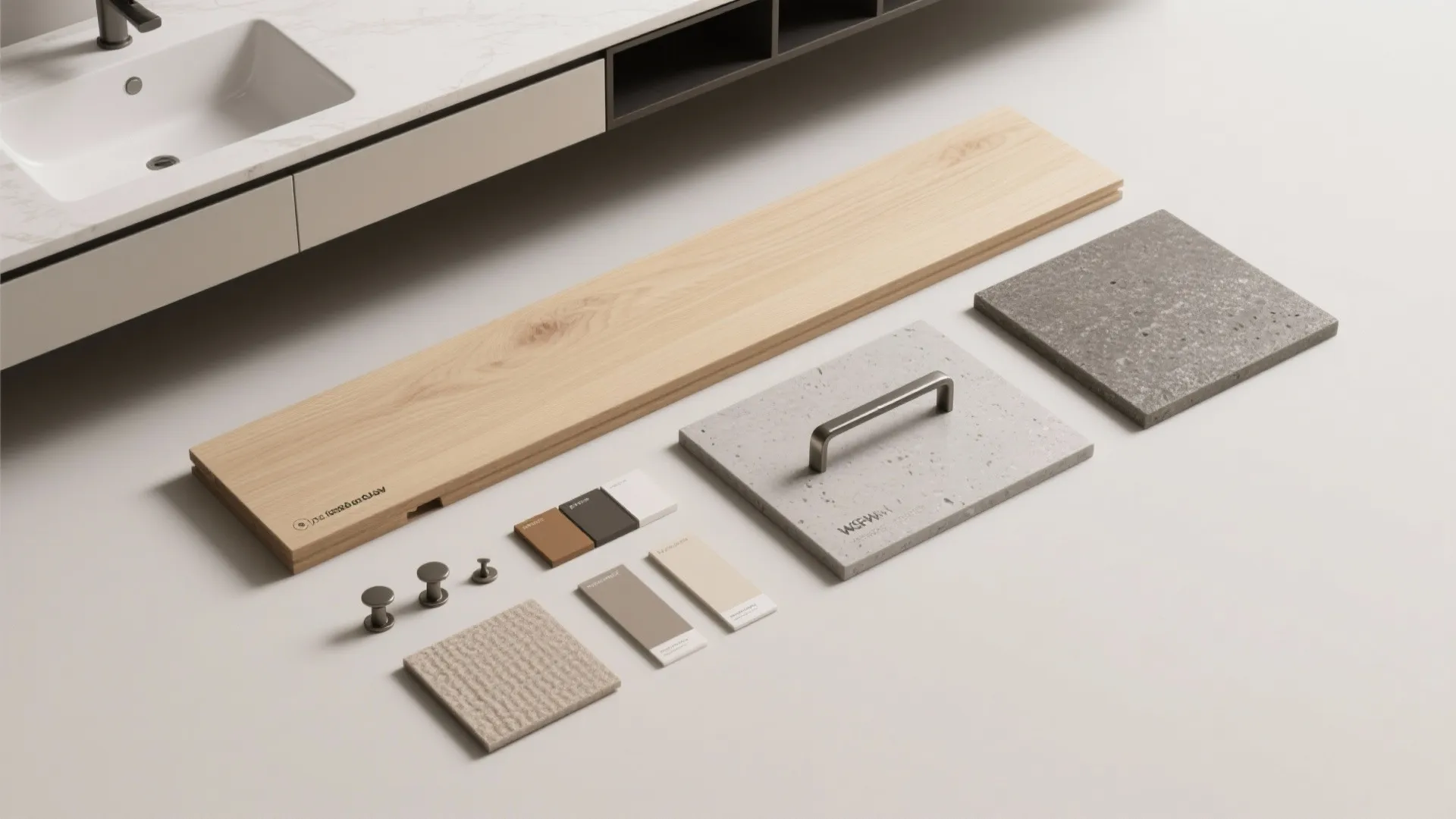 Collection of interior design materials including wood planks stone tiles handle samples and color swatches