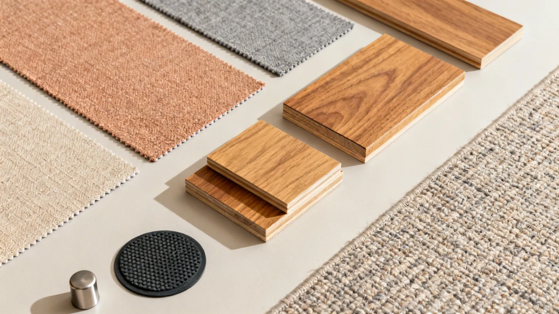 Flat lay of performance fabric, oak finishes, non-slip pads, and rug sample for modular seating.