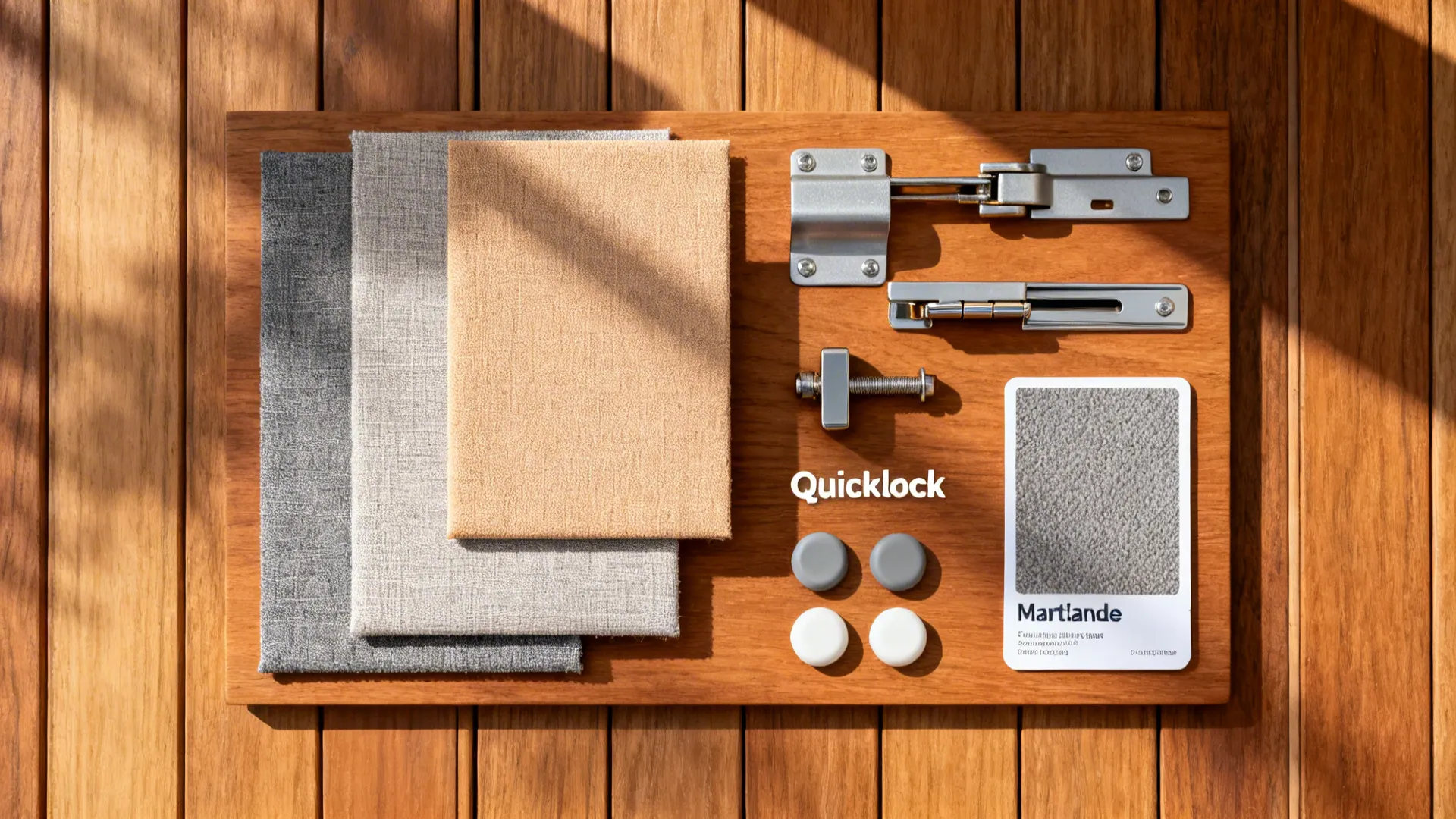 Wood board displaying fabric swatches metal hardware parts and gray color samples on wooden surface