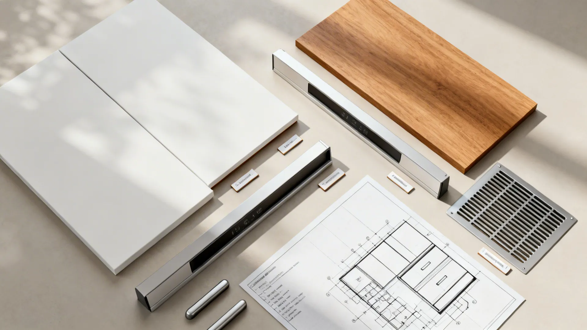 Flat lay of cabinet samples, appliance panels, and ventilation grille for modular refrigeration planning.