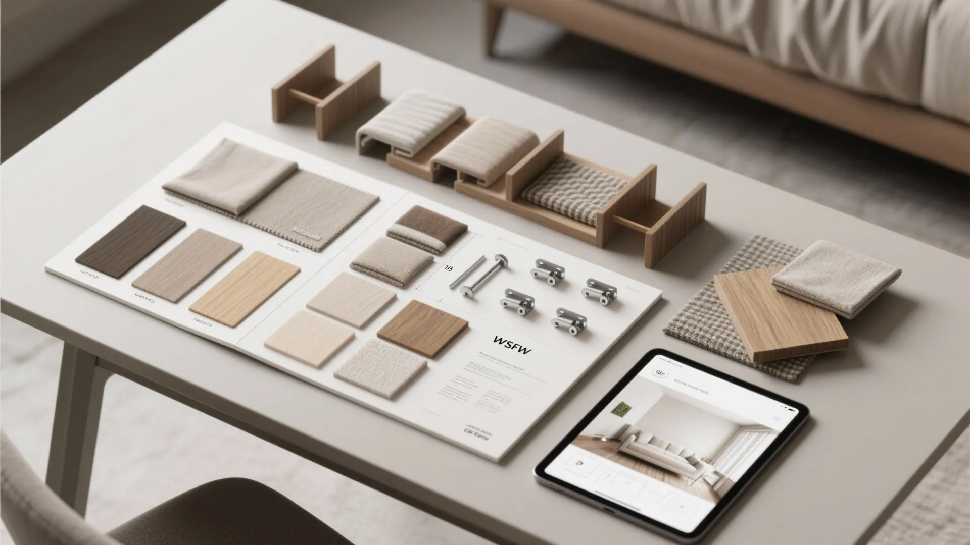 Table top with wood swatches fabric samples metal hardware and tablet showing a modern room