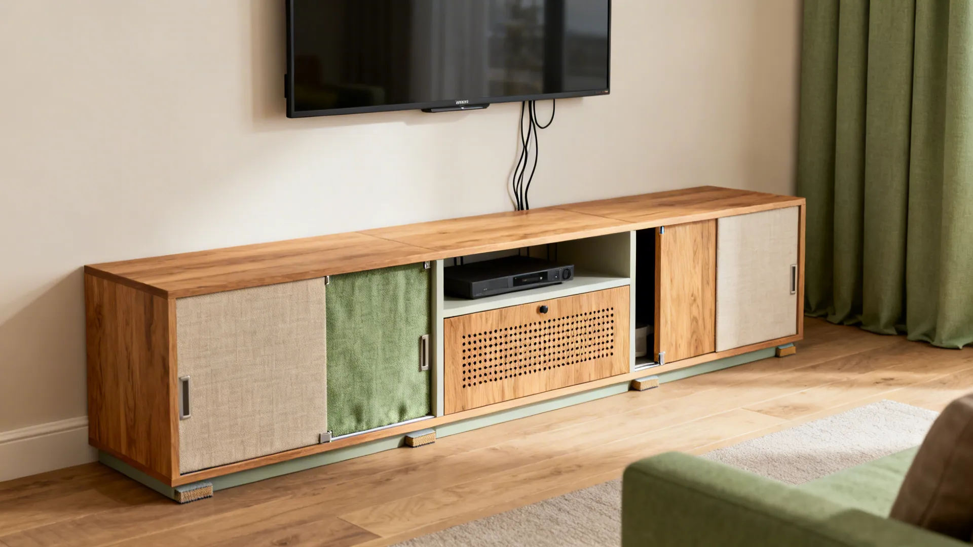 Modular low media bench with movable panels under a wall-mounted TV in a compact living room.