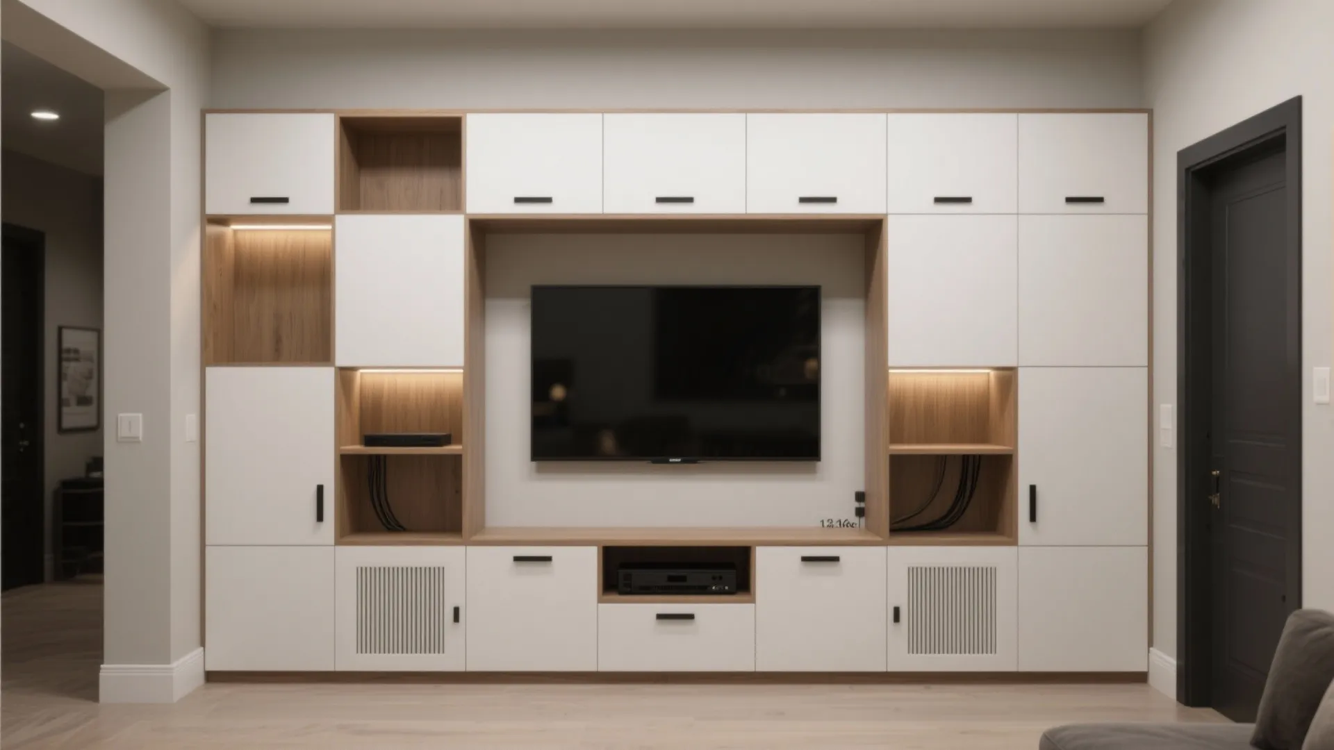 Modular Media Wall with Hidden Storage