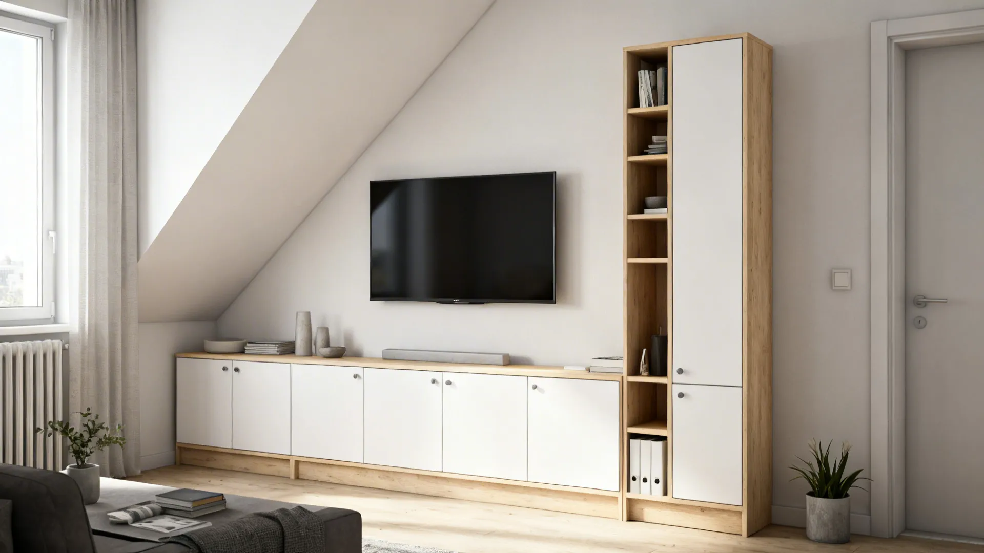 Tall narrow modular media wall with closed storage and mounted TV in a compact living room.