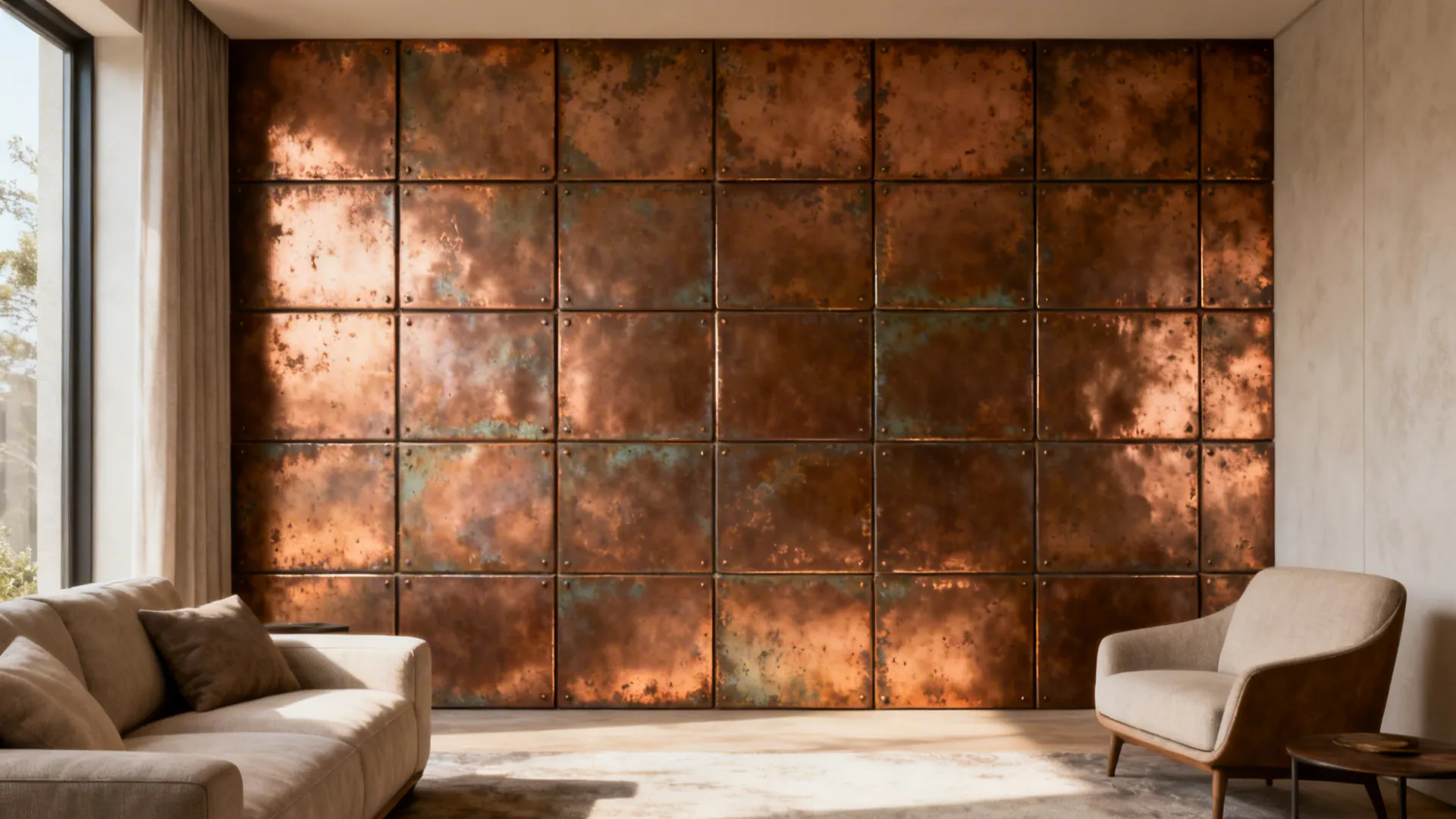 Modular metal tile accent wall with warm copper patina in a small living room