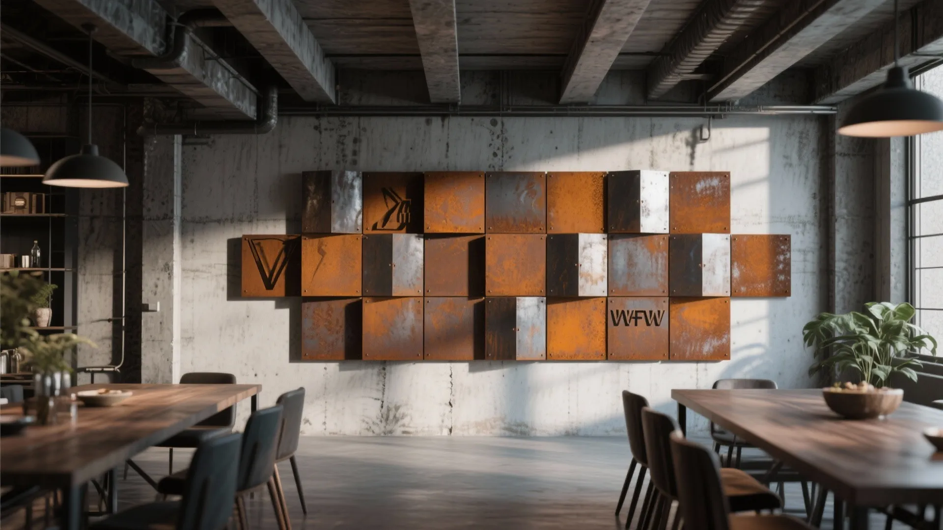 Industrial style meeting room featuring rusty metal wall art with wooden tables and black chairs