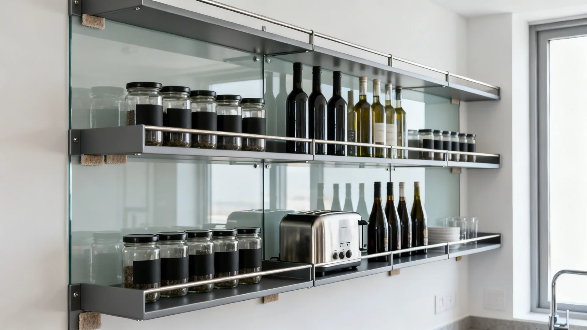 Modern metal wall shelves holding glass spice jars and bottles in a bright white kitchen